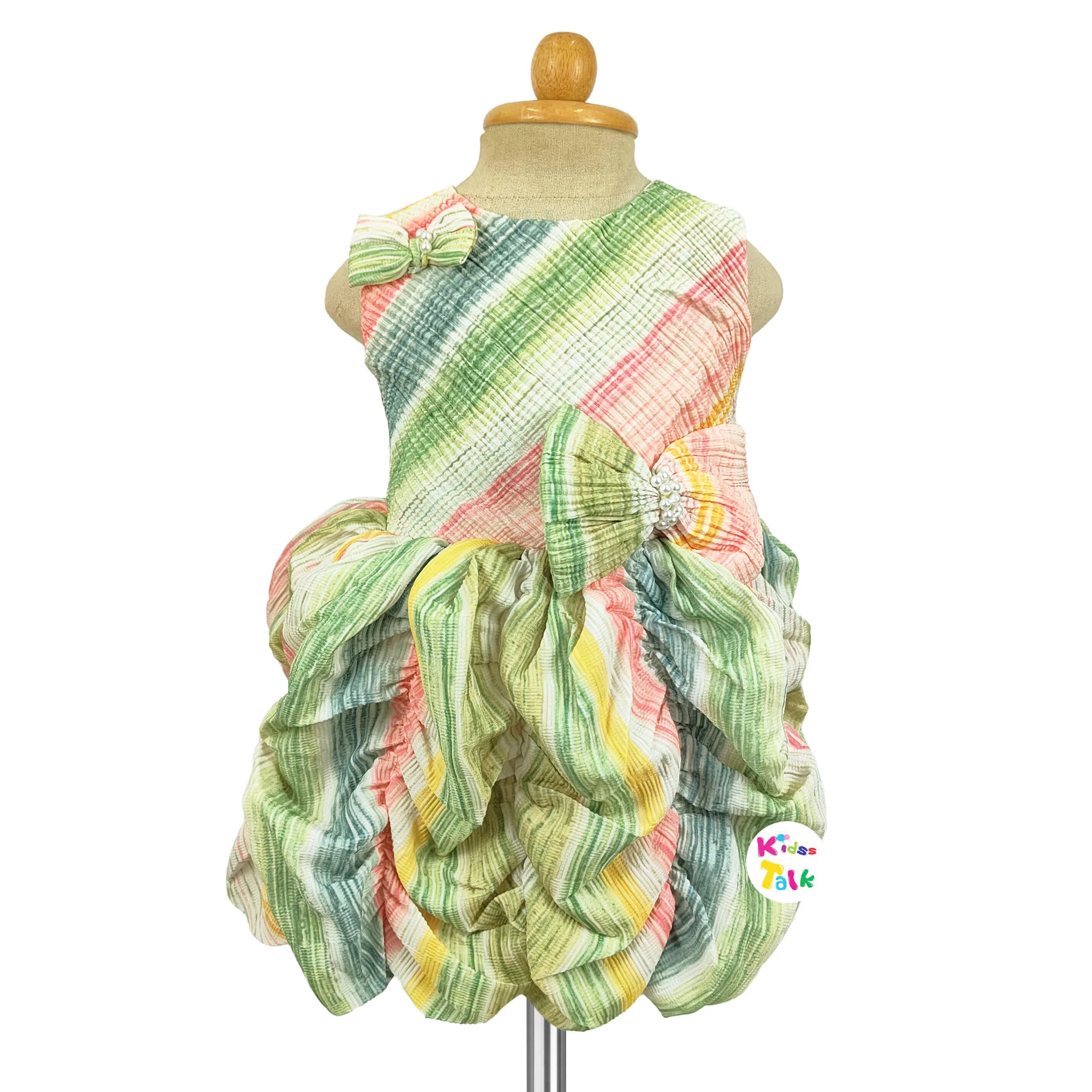 Satin Sleeveless Party Frock With Bow - Green