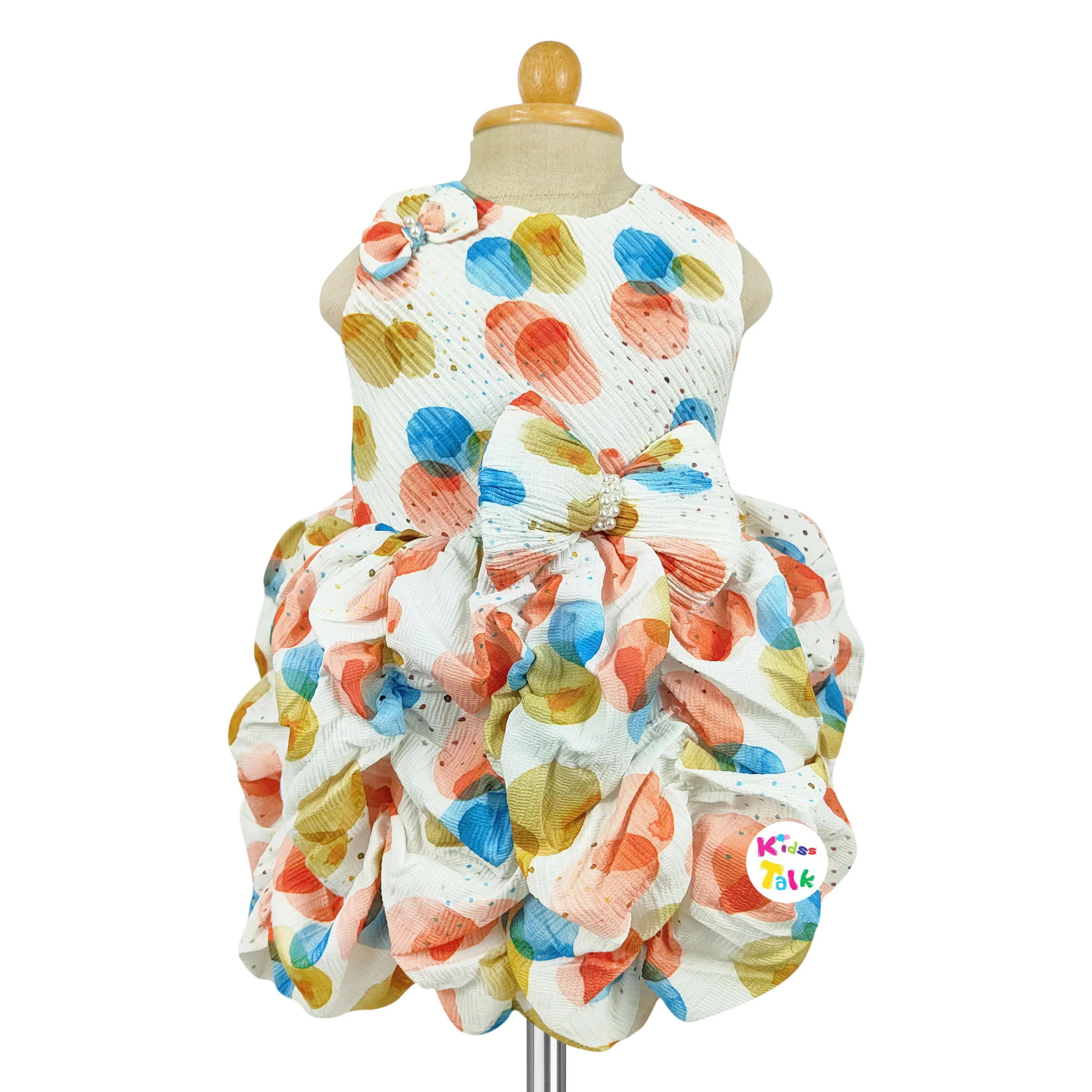 Satin Sleeveless Party Frock With Bow - Peach