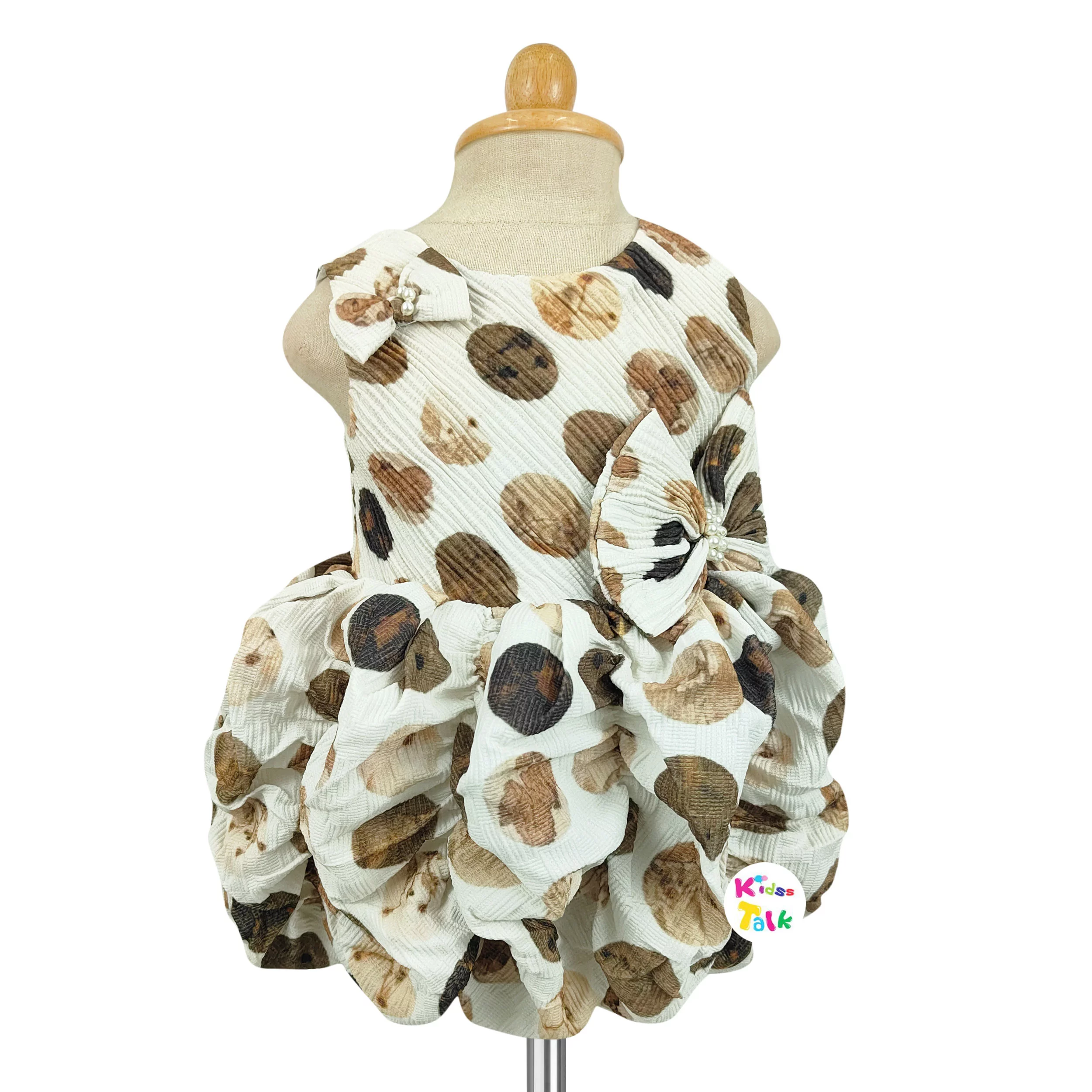 Satin Sleeveless Party Frock With Bow - Brown