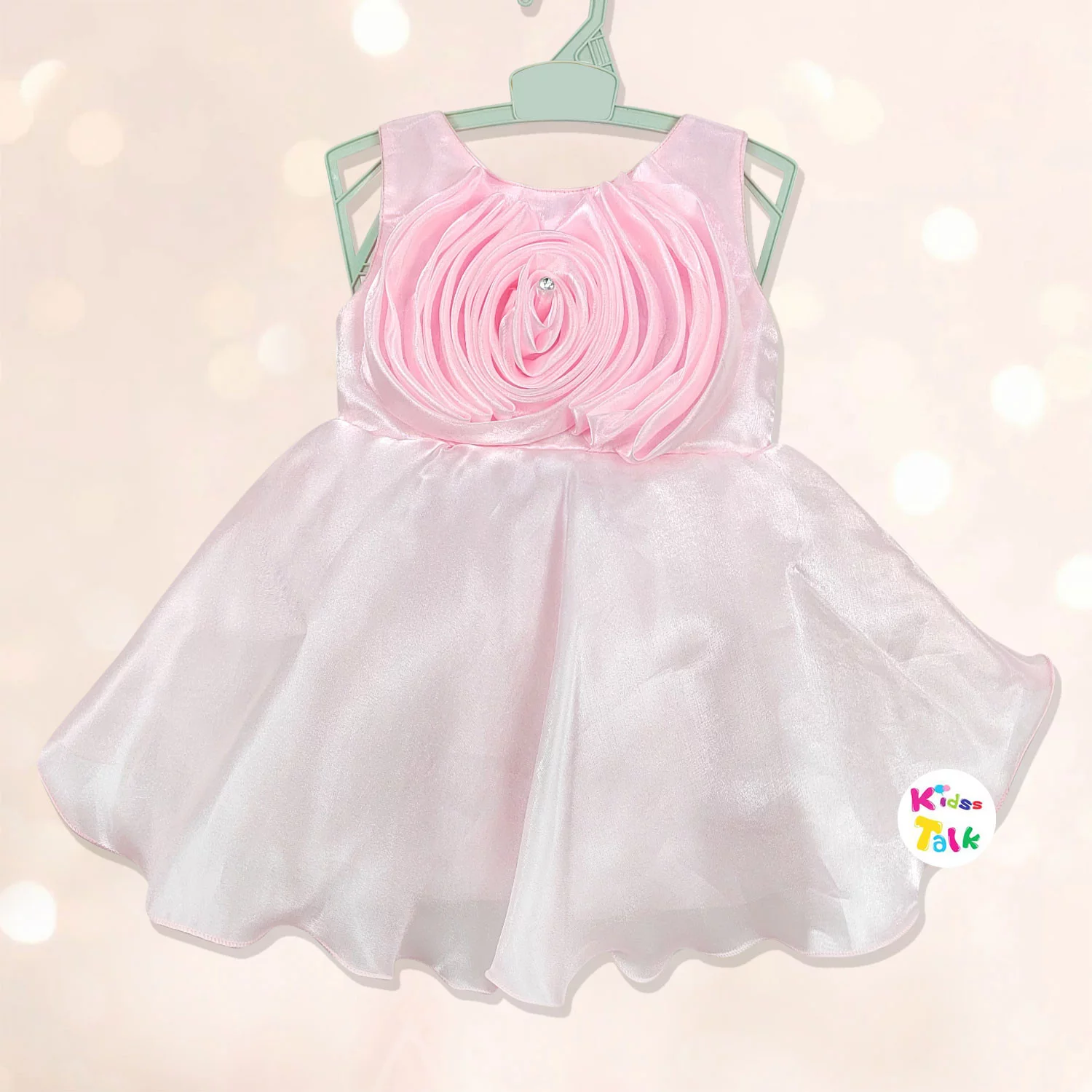 Soft Satin Sleeveless Party Frock With Flower Applique - Baby Pink