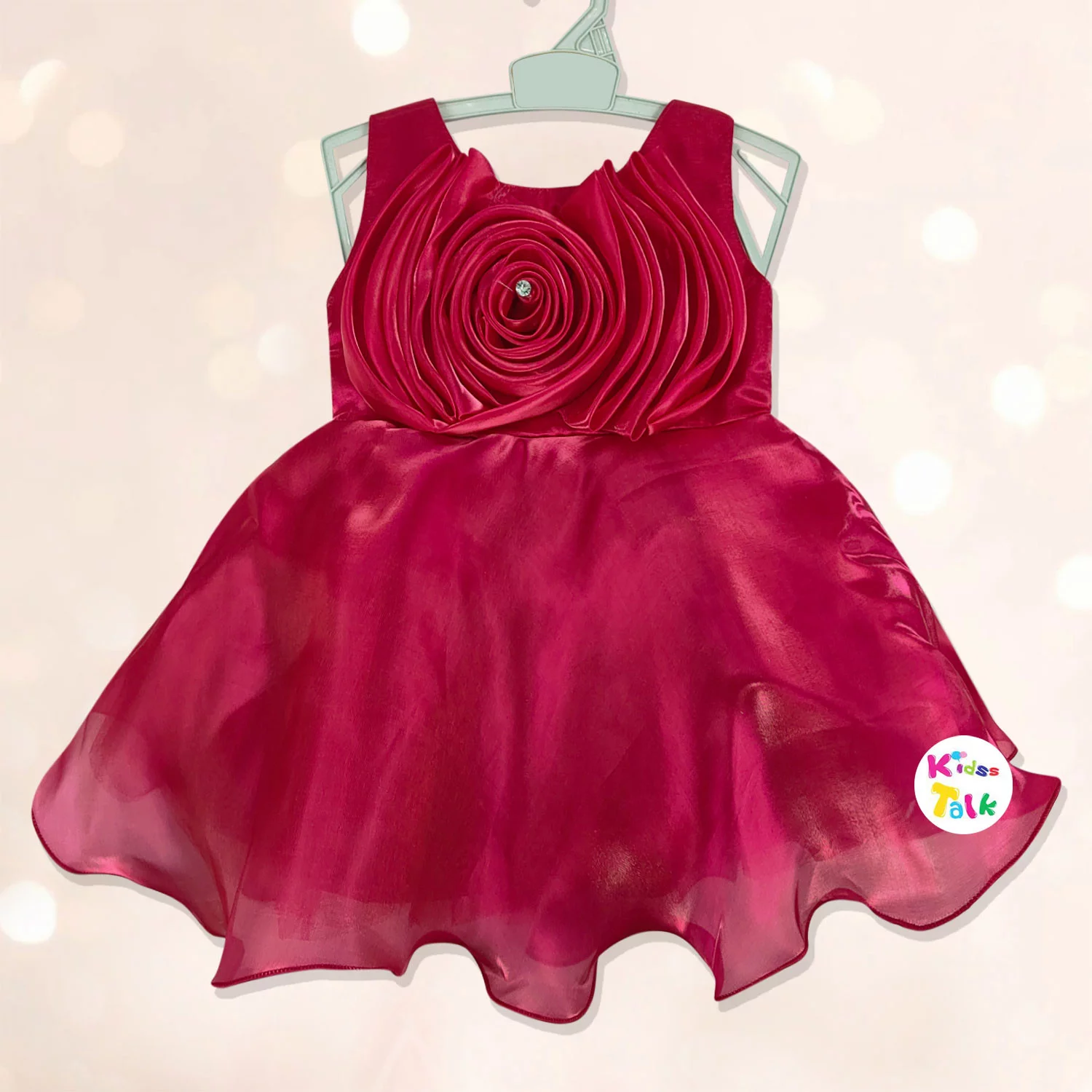 Soft Satin Sleeveless Party Frock With Flower Applique - Hot Pink