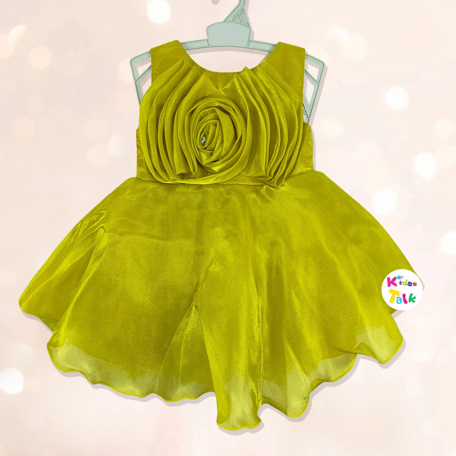 Soft Satin Sleeveless Party Frock With Flower Applique - Mustard