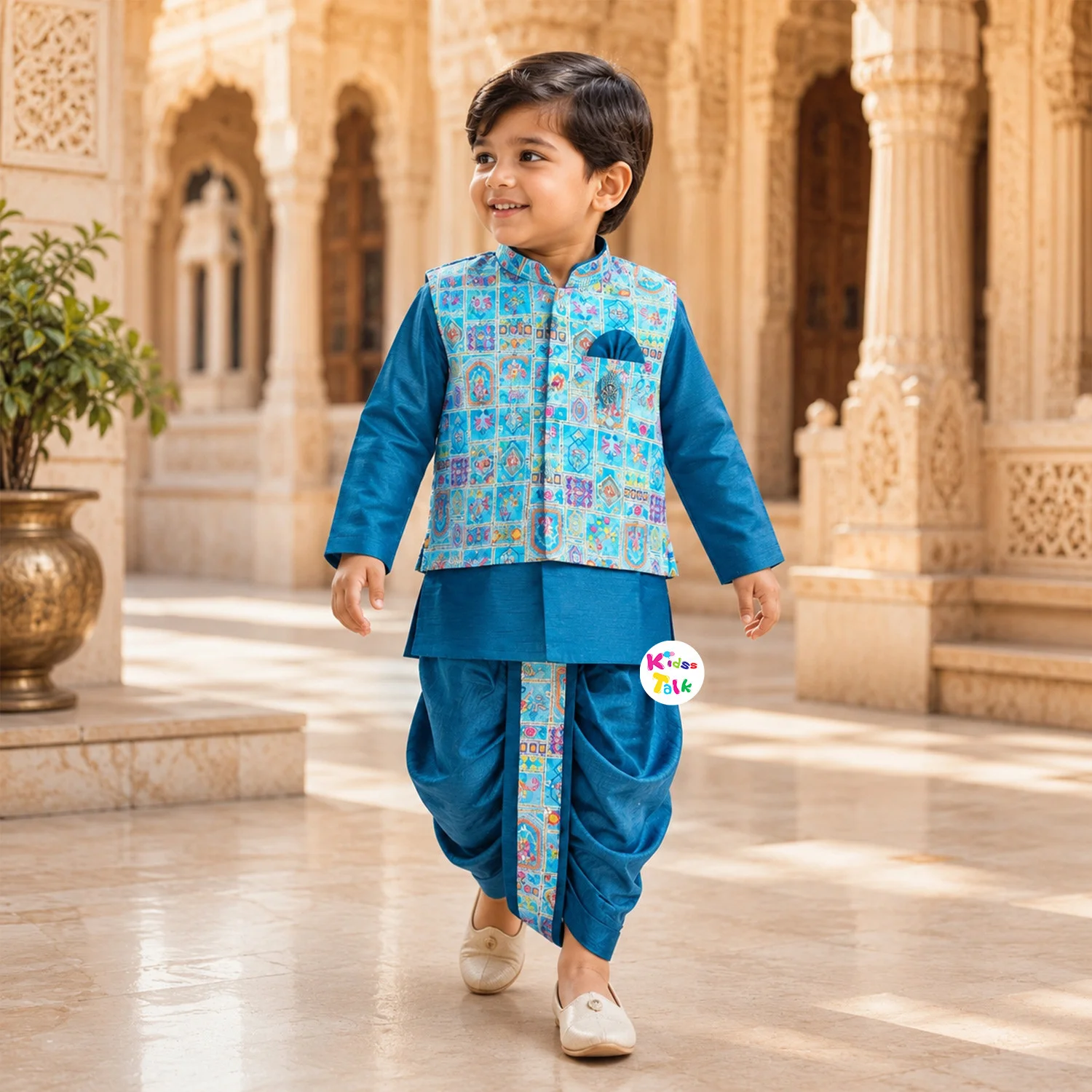 Silk Full Sleeve Jodhpuri Set With Embroidery - Denim Blue