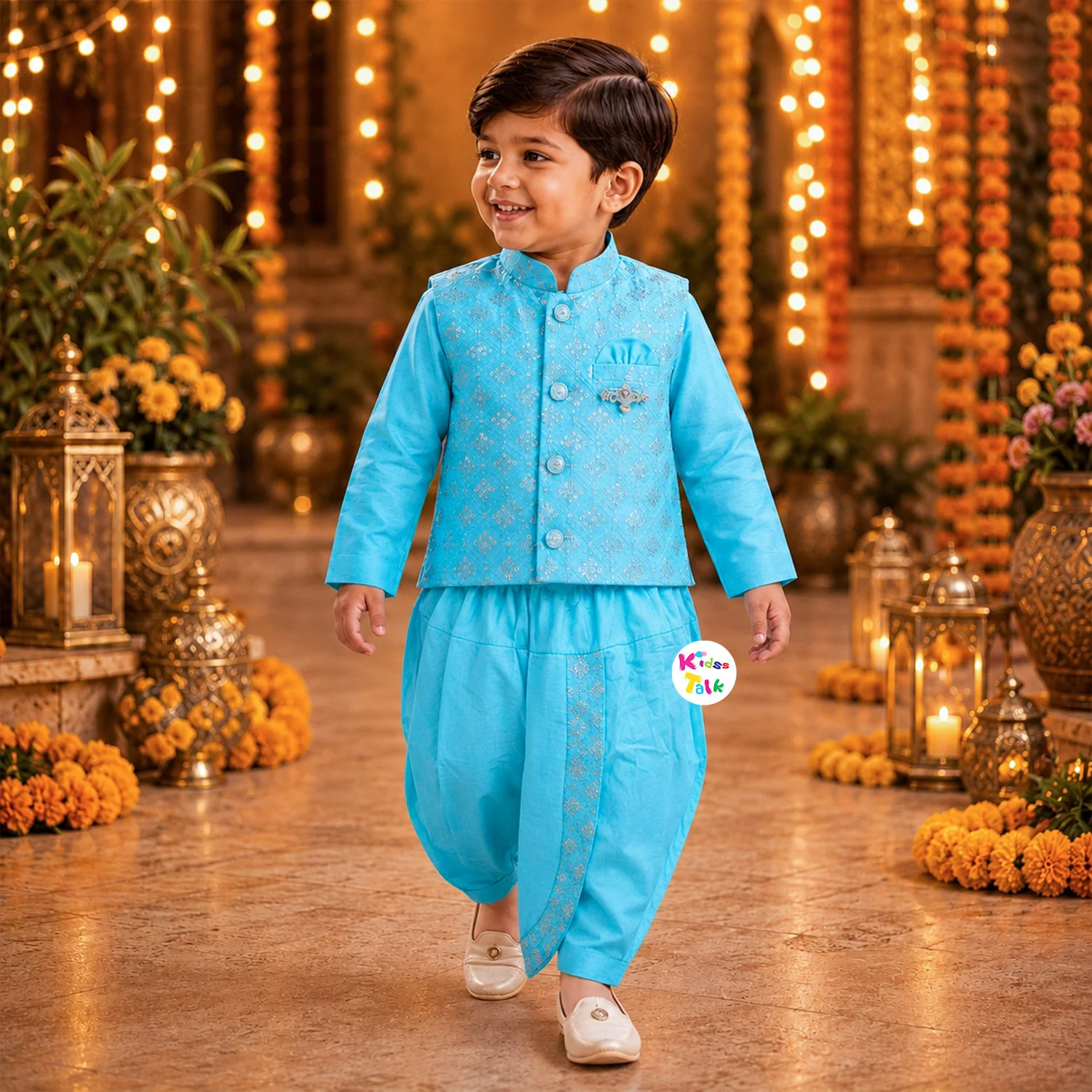 Silk Full Sleeve Jodhpuri Set With Embroidery - Ice Blue