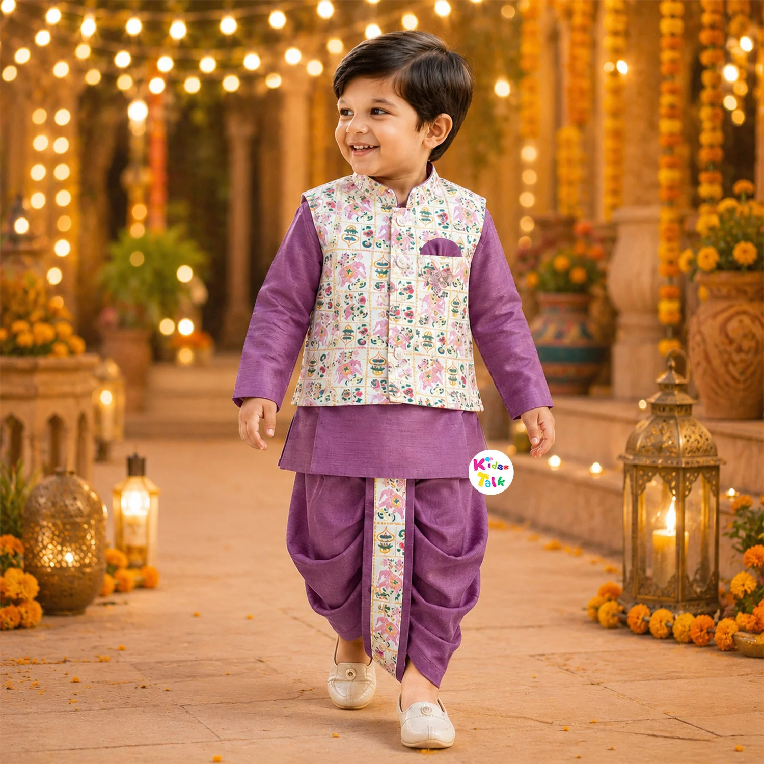 Silk Full Sleeve Jodhpuri Set With Embroidery - Purple