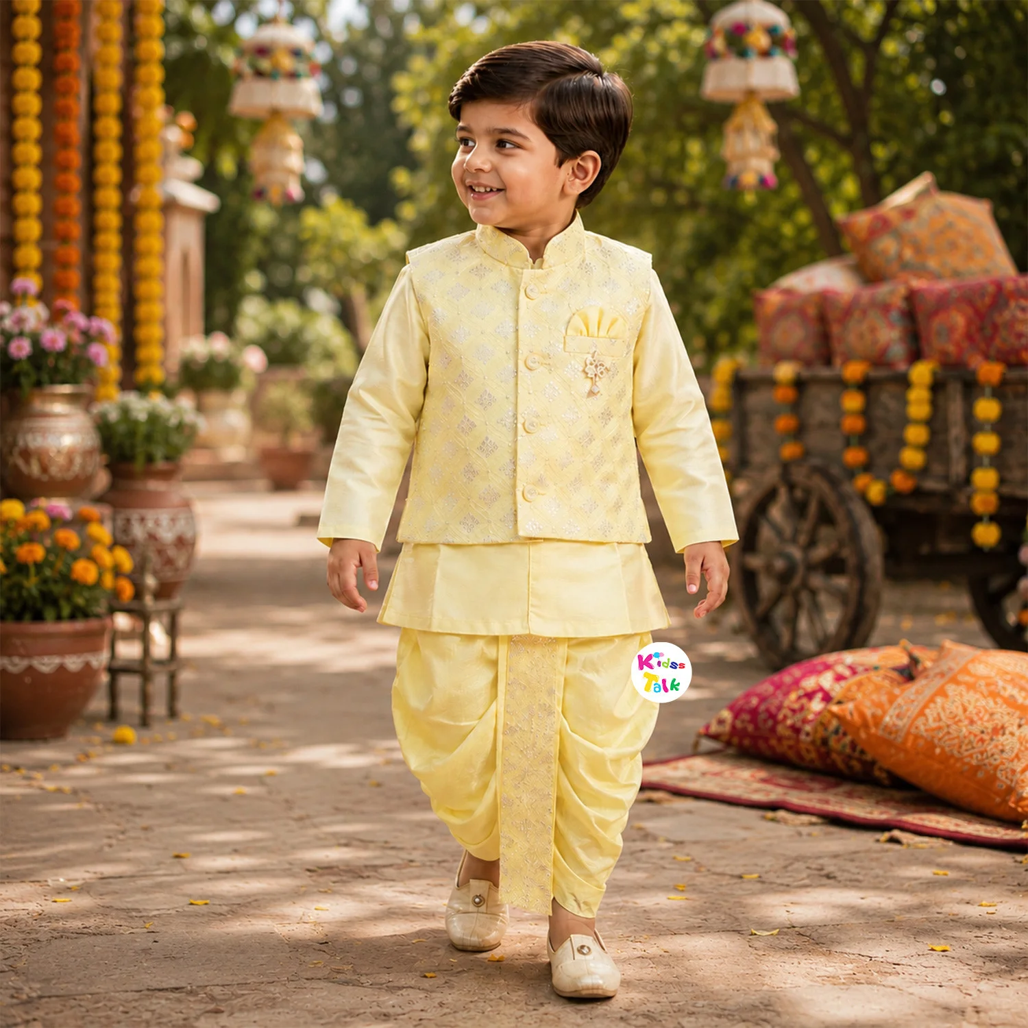 Silk Full Sleeve Jodhpuri Set With Embroidery - Yellow