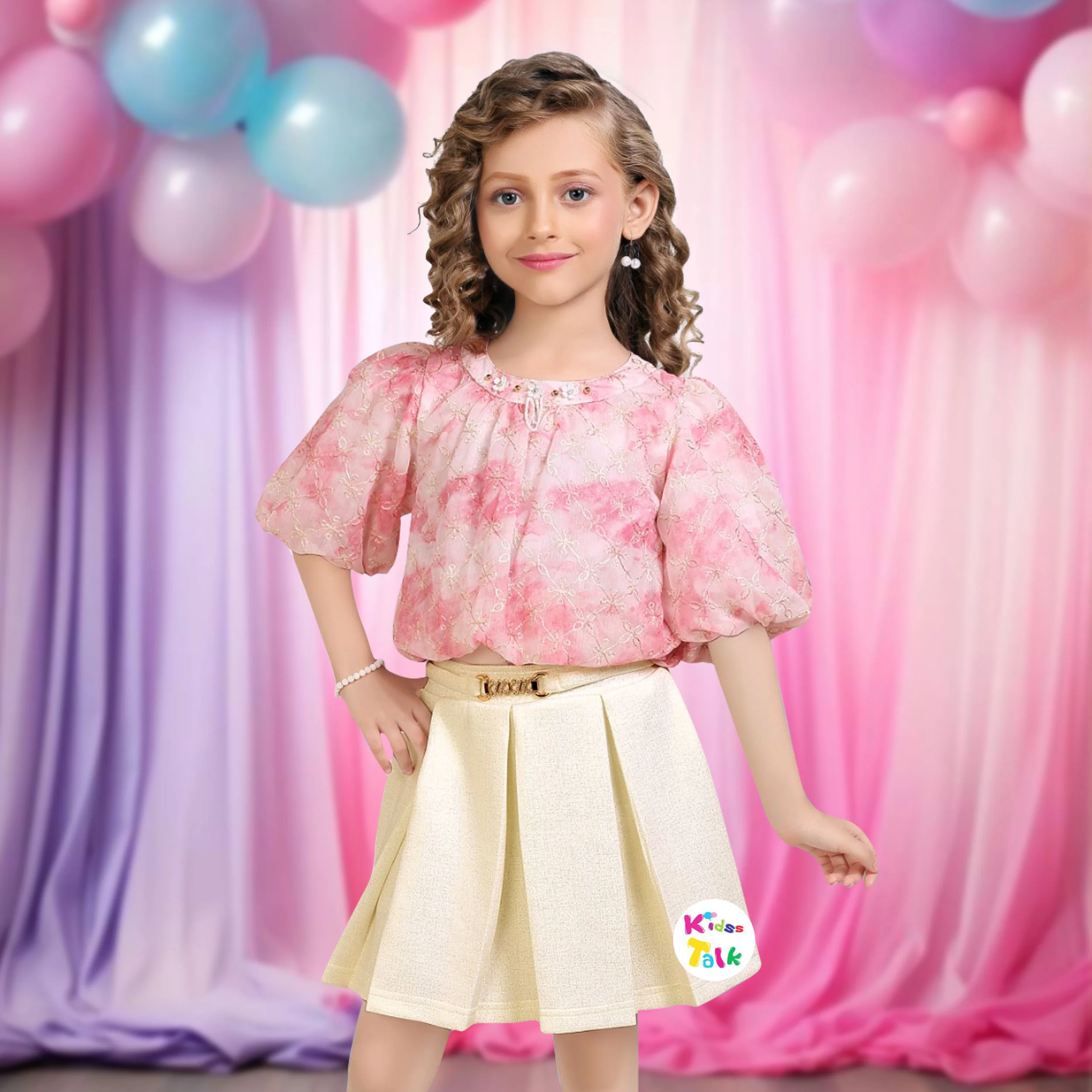 Shimmer Half Sleeve Embroidered Top With Skirt - Baby Pink