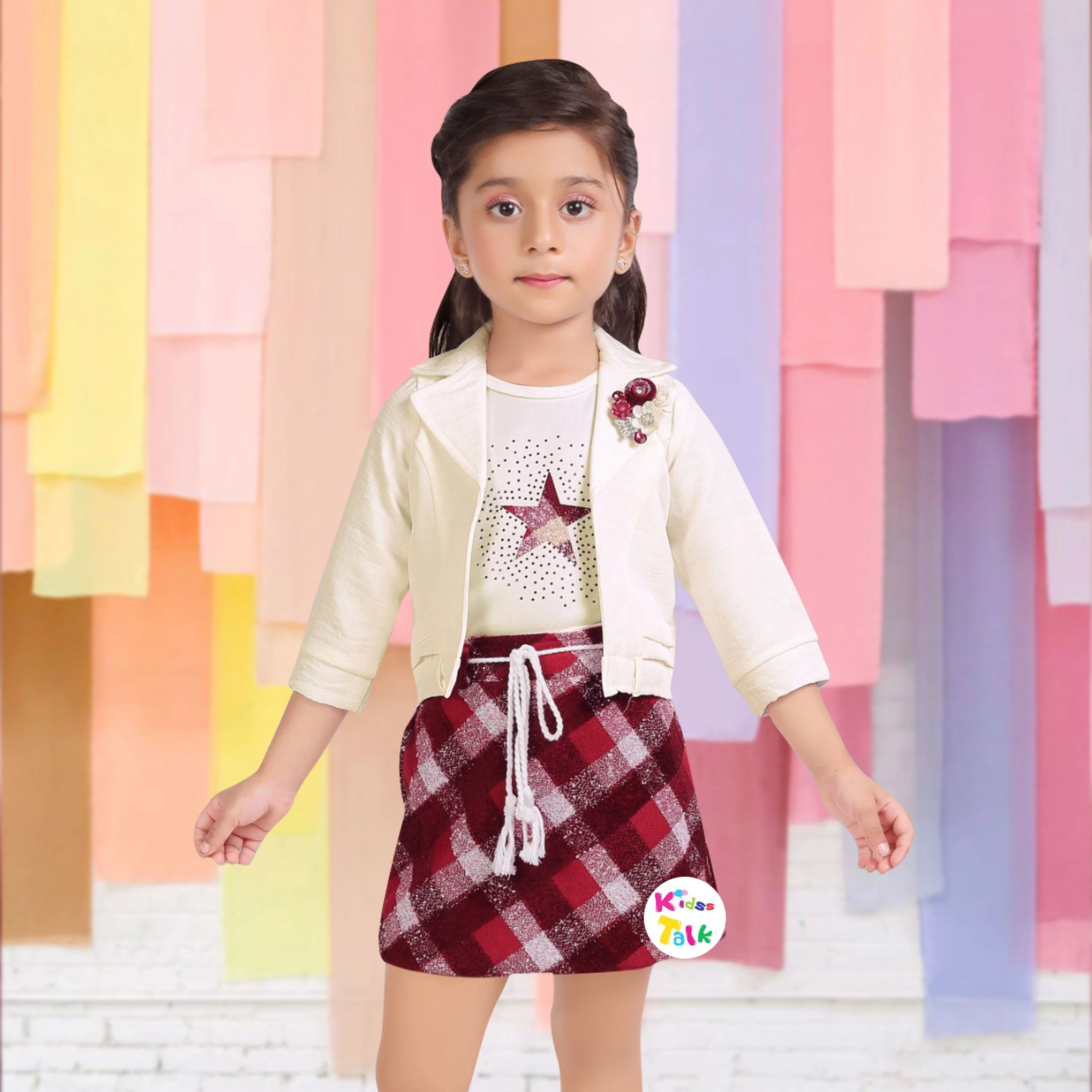 Cotton Full Sleeve Solid Top With Checked Skirt - Maroon