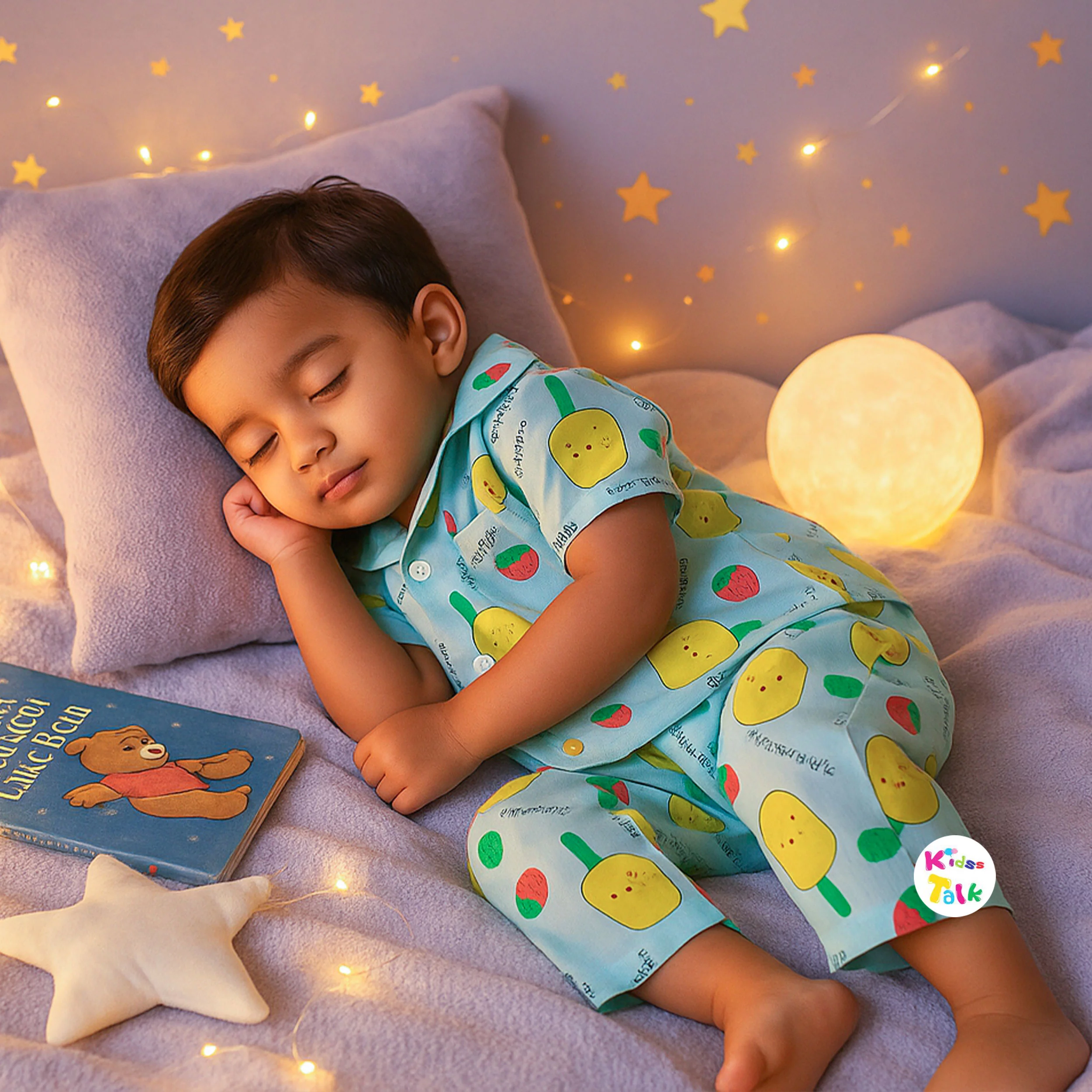 Cotton Knitted Half Sleeve Night Suit With Cute Prints - Mint Green