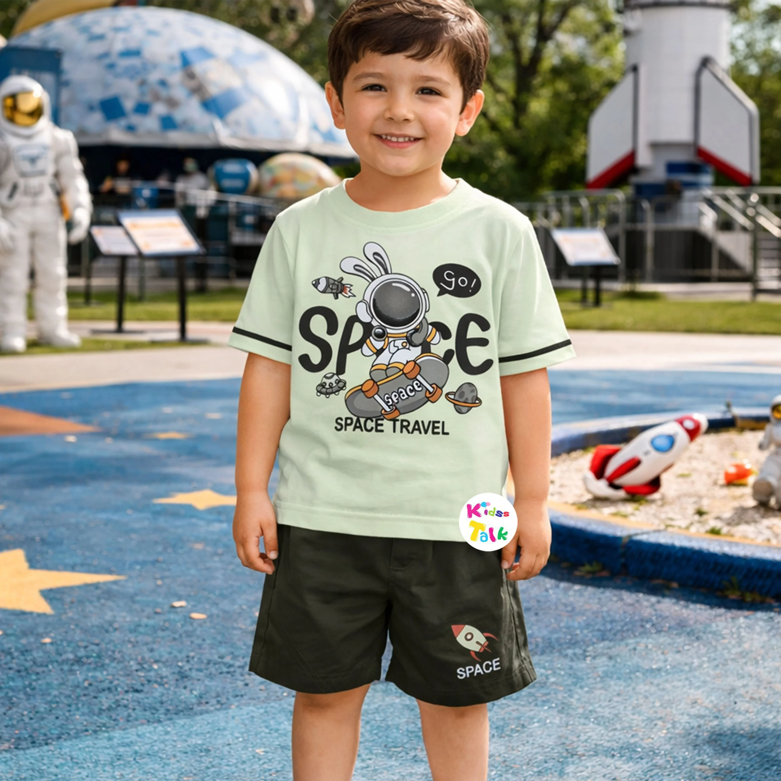 Cotton Half Sleeve T-shirt Set With Cute Print - Mint Green