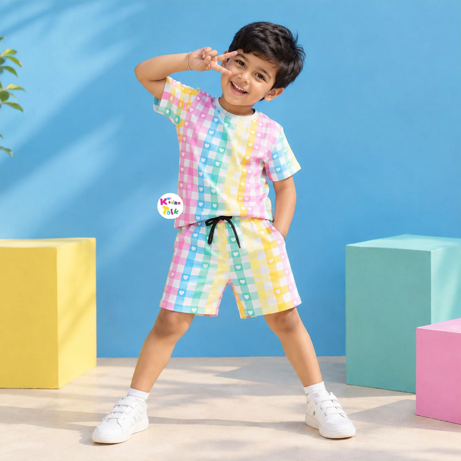 Cotton Knitted Half Sleeve T-shirt Set With Rainbow Check & Heart All Over Print - Multicolour