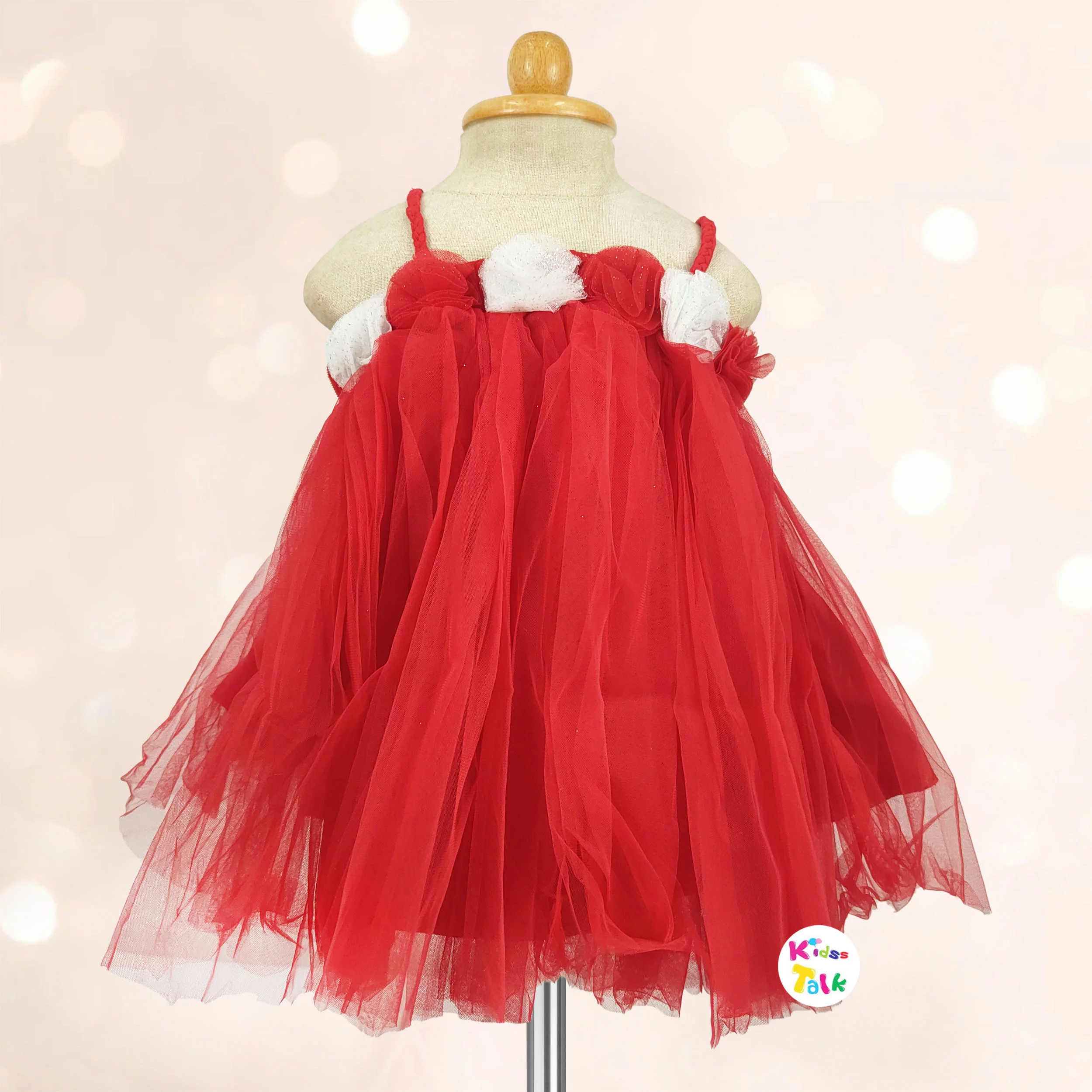 Net Sleeveless Party Frock With Flower- Red
