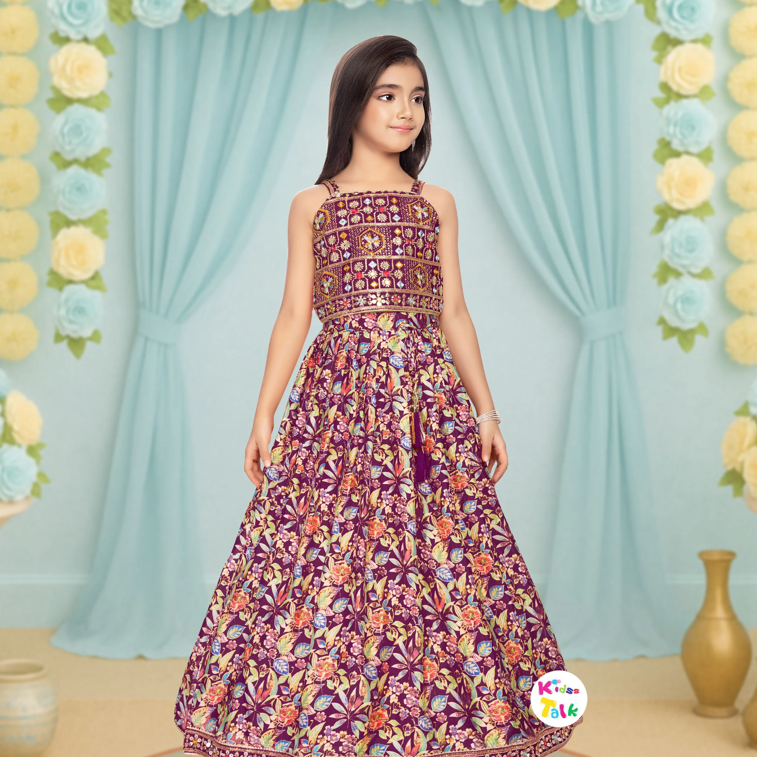 Georgette Sleeveless Embroidered Choli With Lehenga & Dupatta - Purple