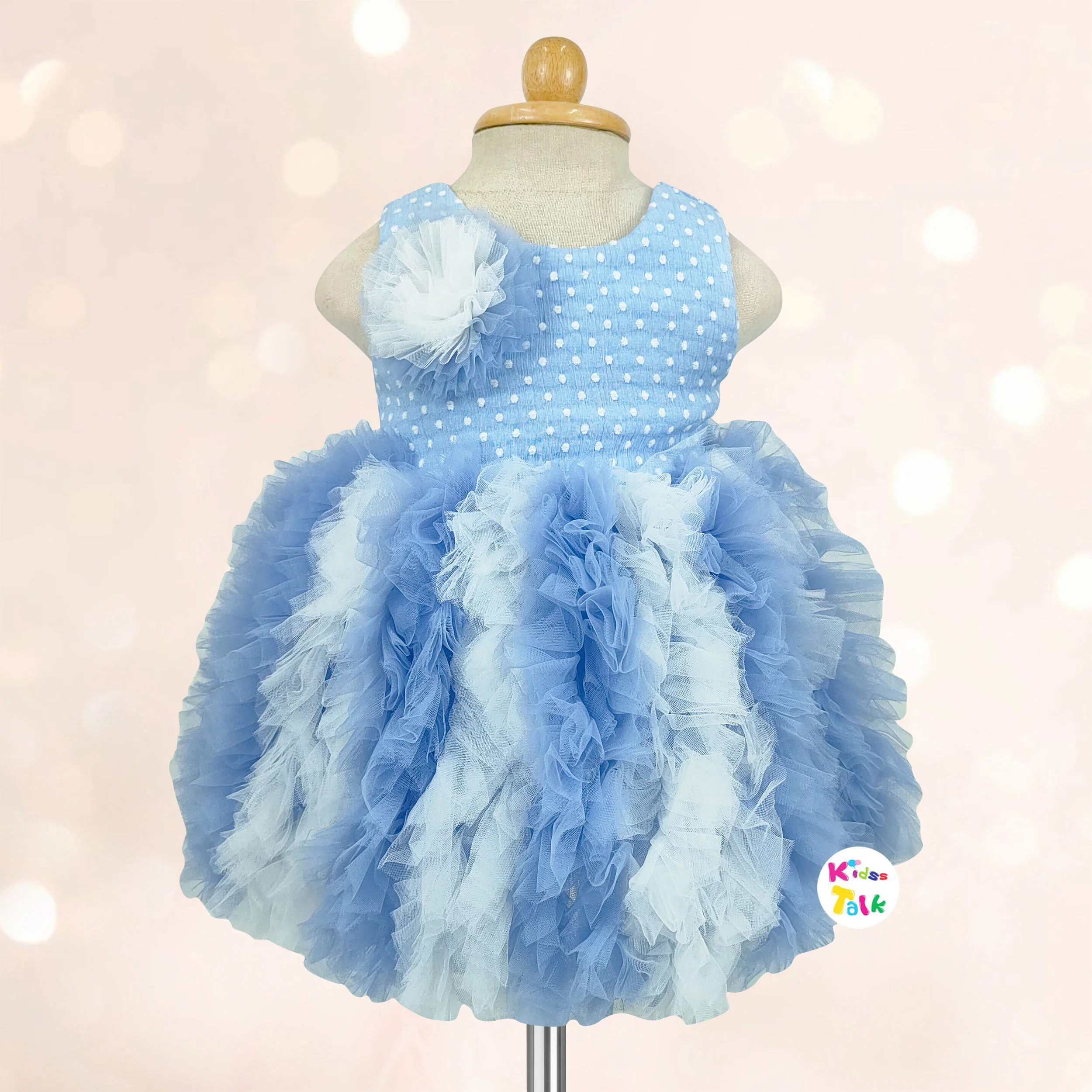 Net Sleeveless Party Frock With Flower - Blue