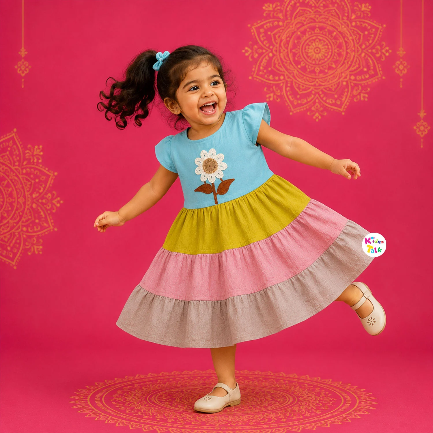 Cute Cotton Half Sleeve Frock With Embroidery - Sky Blue