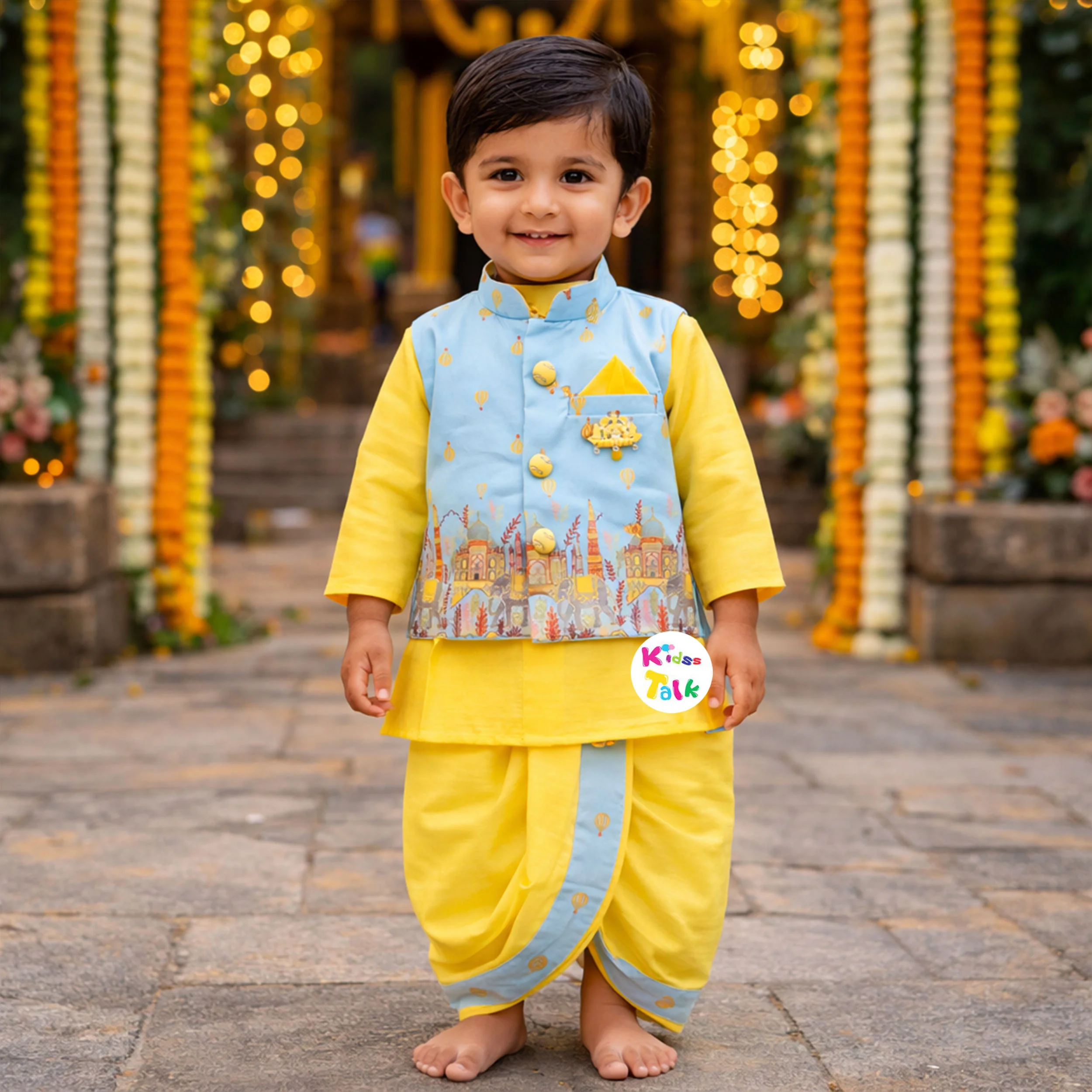 Royal Full Sleeve Kurta Printed Jacket With Pyjama & Dhoti - Ice Blue