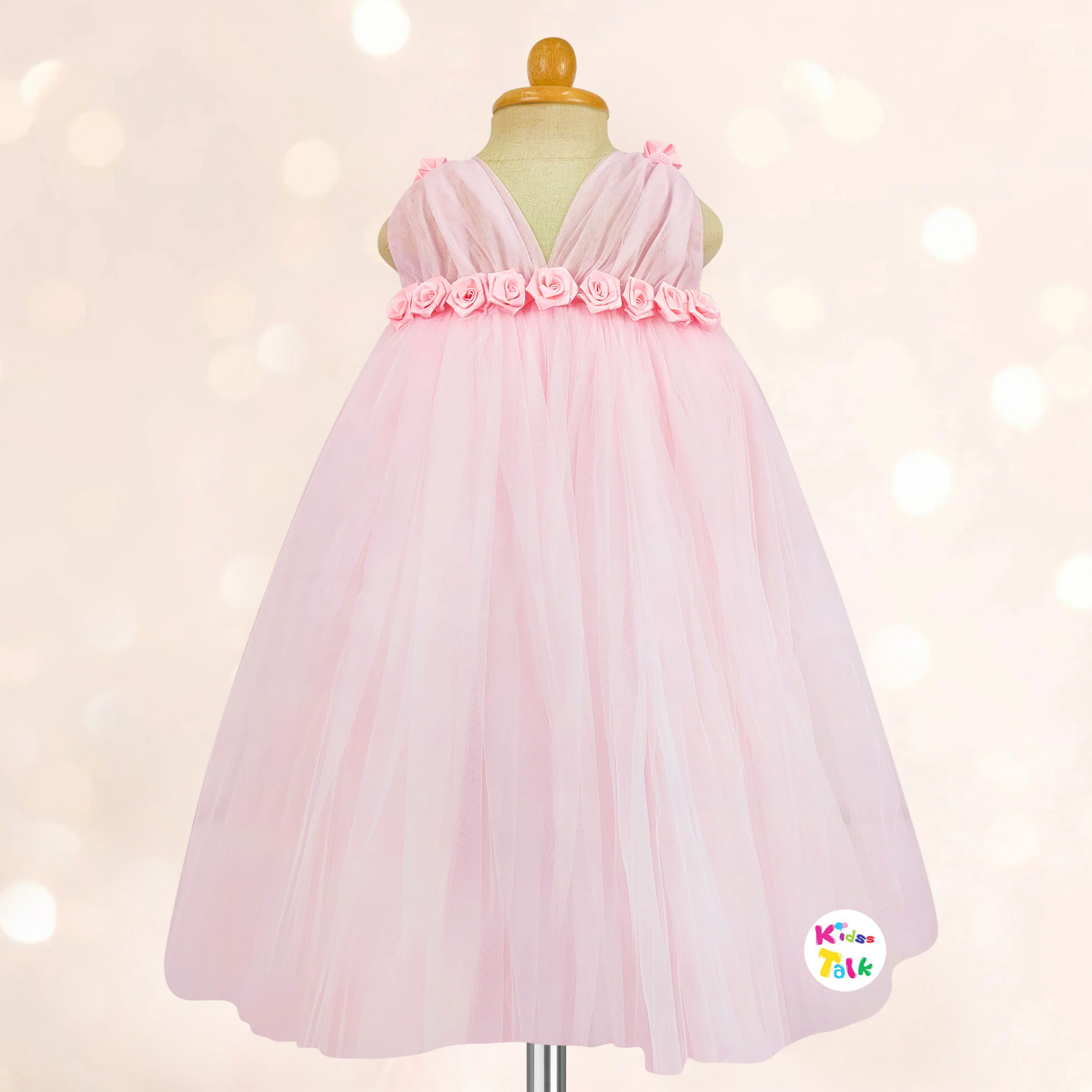 Net Sleeveless Party Frock With Flower - Baby Pink