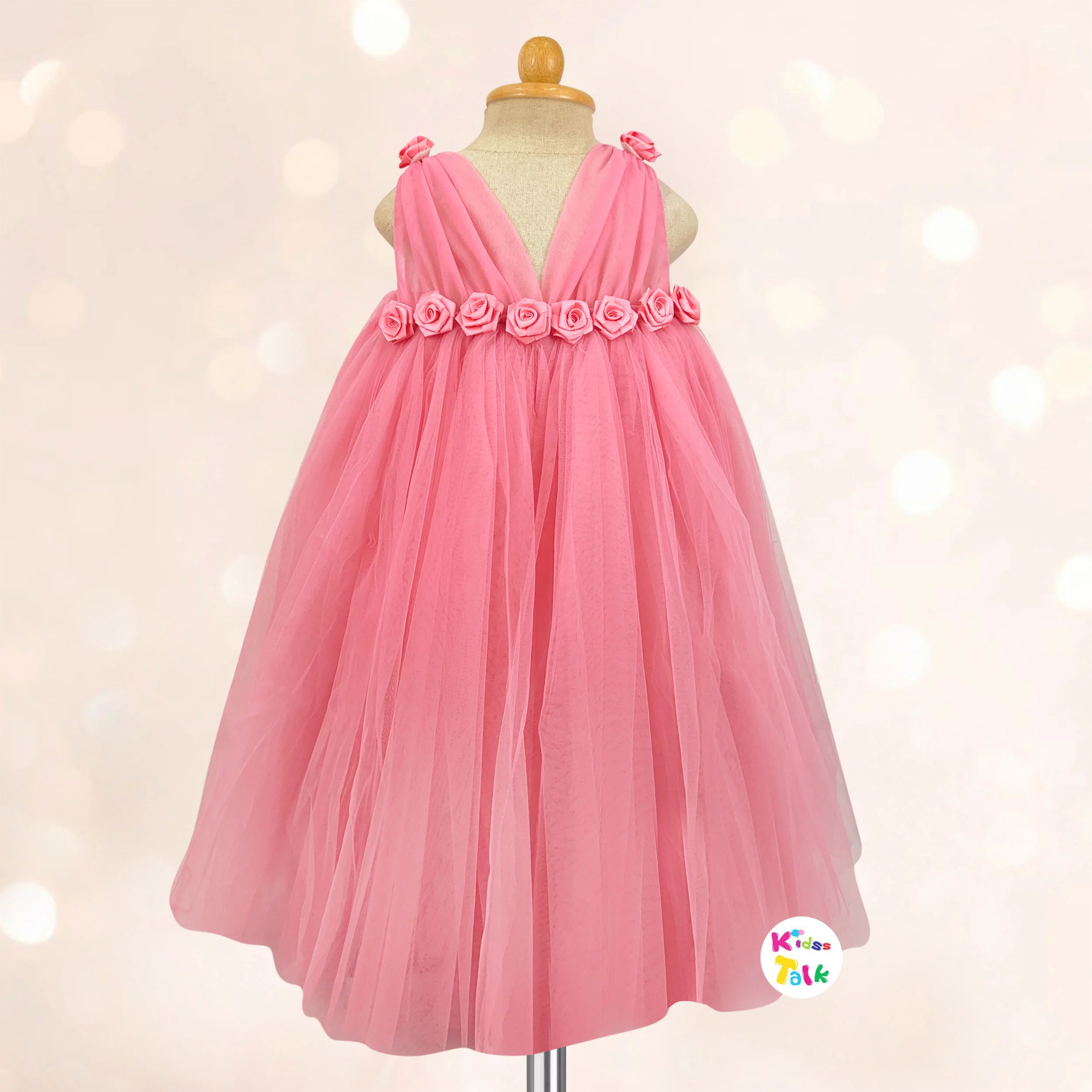 Net Sleeveless Party Frock With Flower - Flamingo Pink