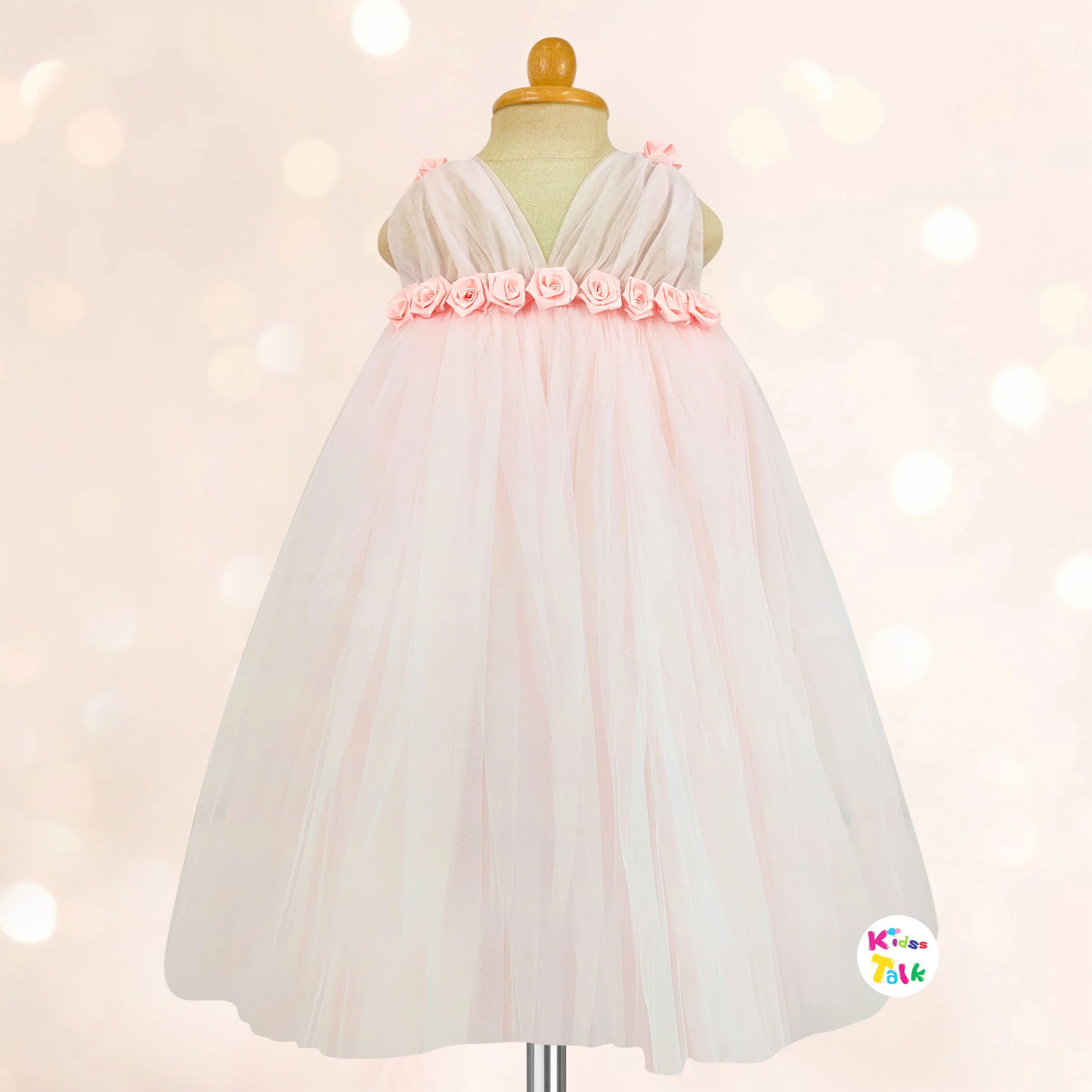 Net Sleeveless Party Frock With Flower - Peach