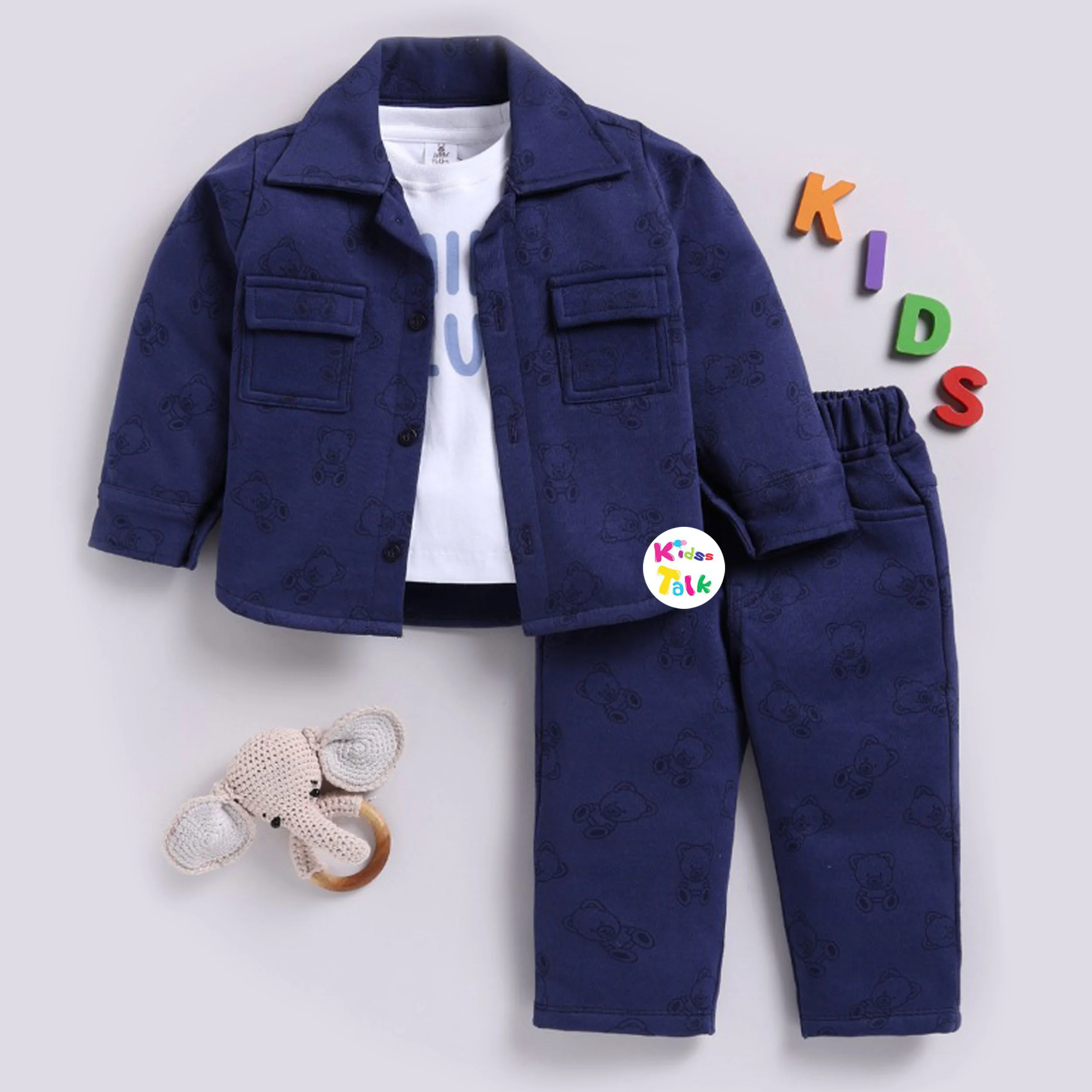 Stylish Full Sleeve Jacket With T-shirt & Full Pant - Navy Blue
