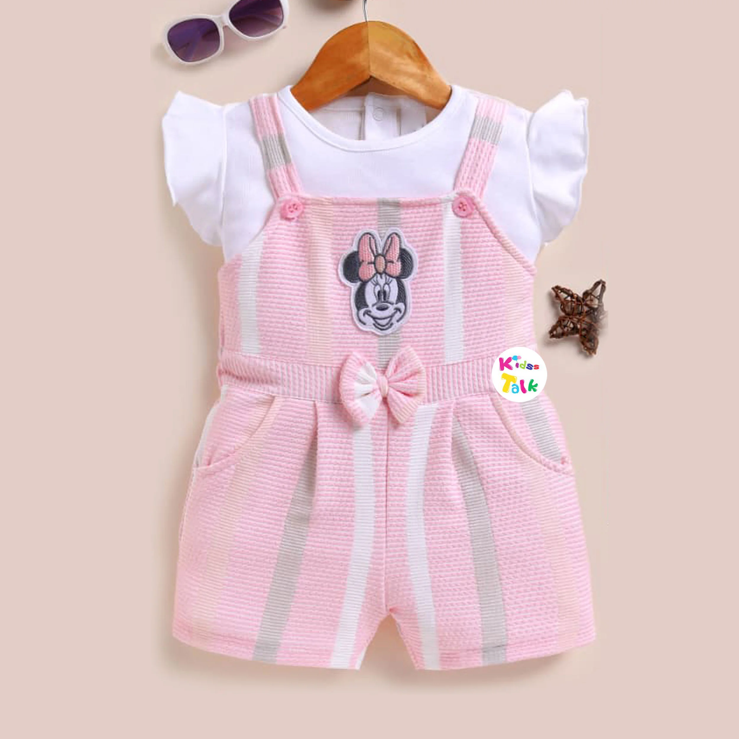 Cotton Half Sleeve Dungaree Set With Cute Print - Baby Pink