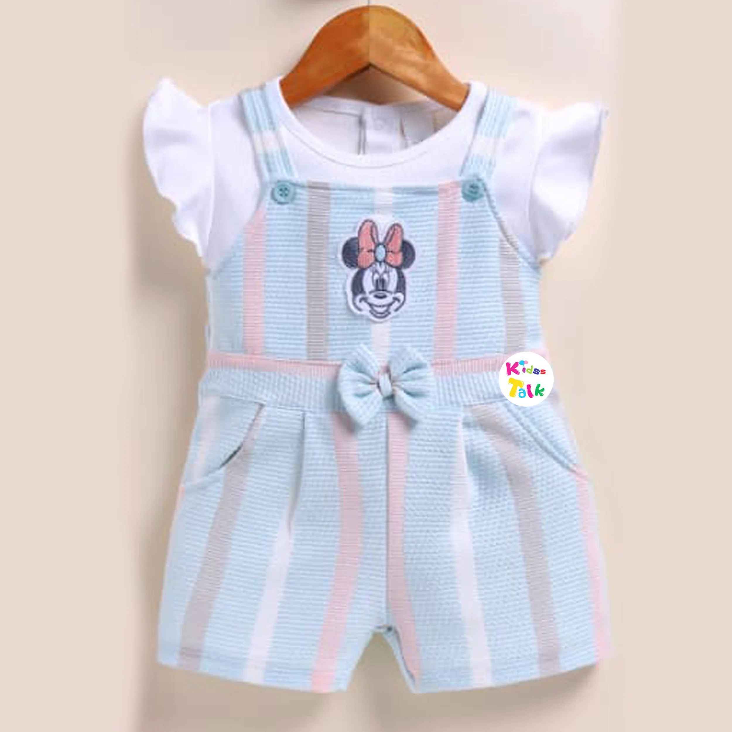 Cotton Half Sleeve Dungaree Set With Cute Print - Ice Blue