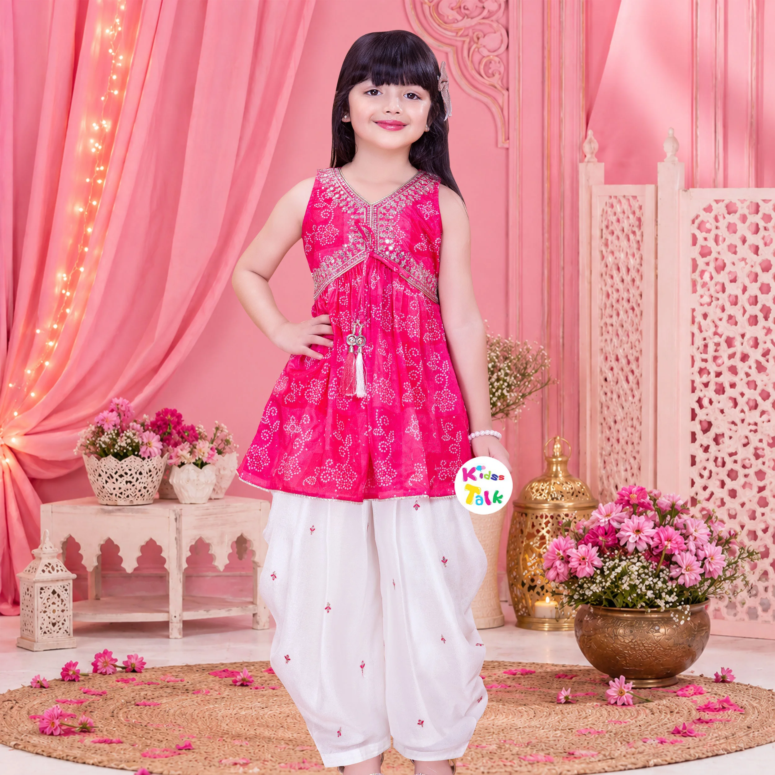 Georgette Sleeveless Zardhosi Kurta With Dhoti & Dupatta - Hot Pink