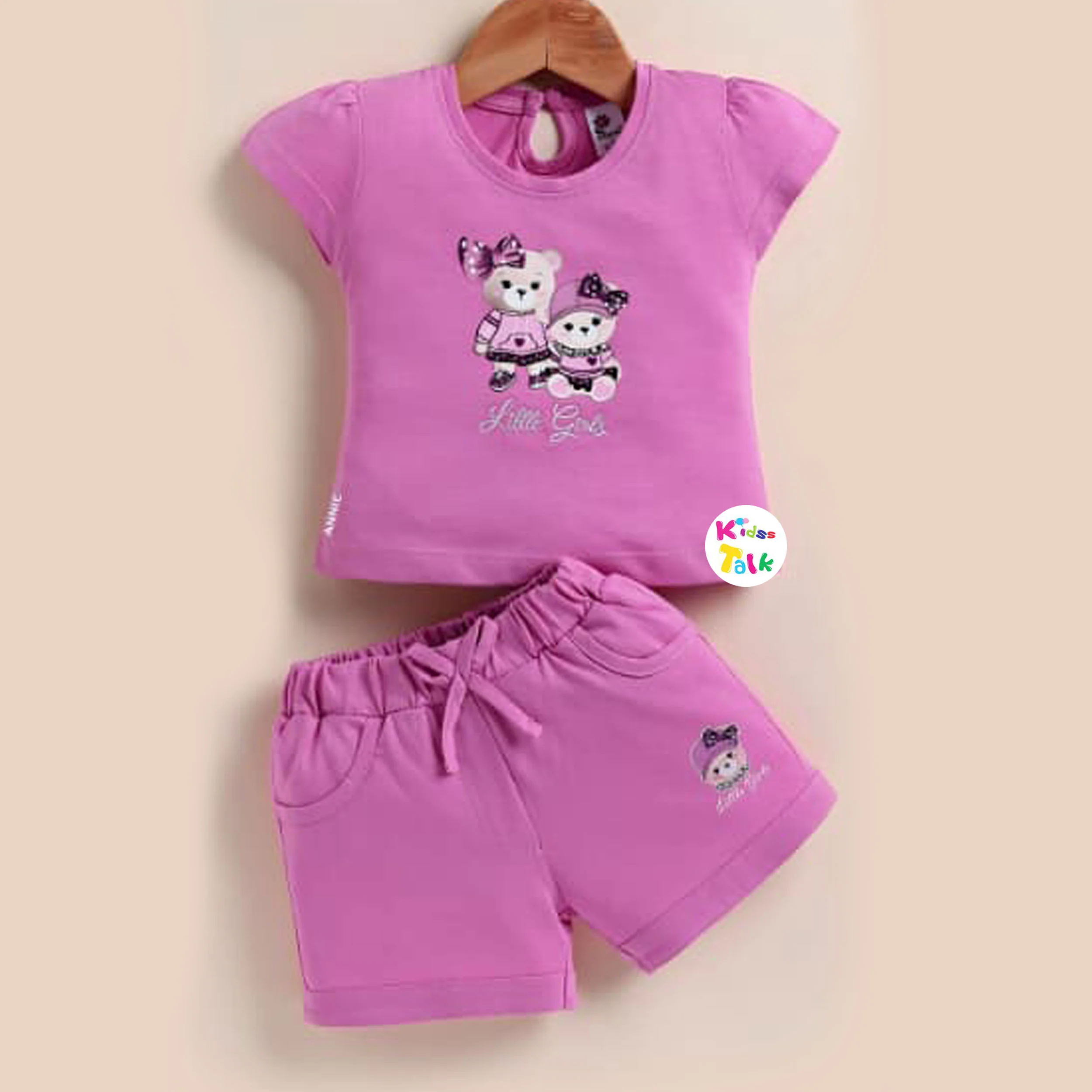 Cotton Knitted Half Sleeve T-shirt Set With Cute Print - Purple