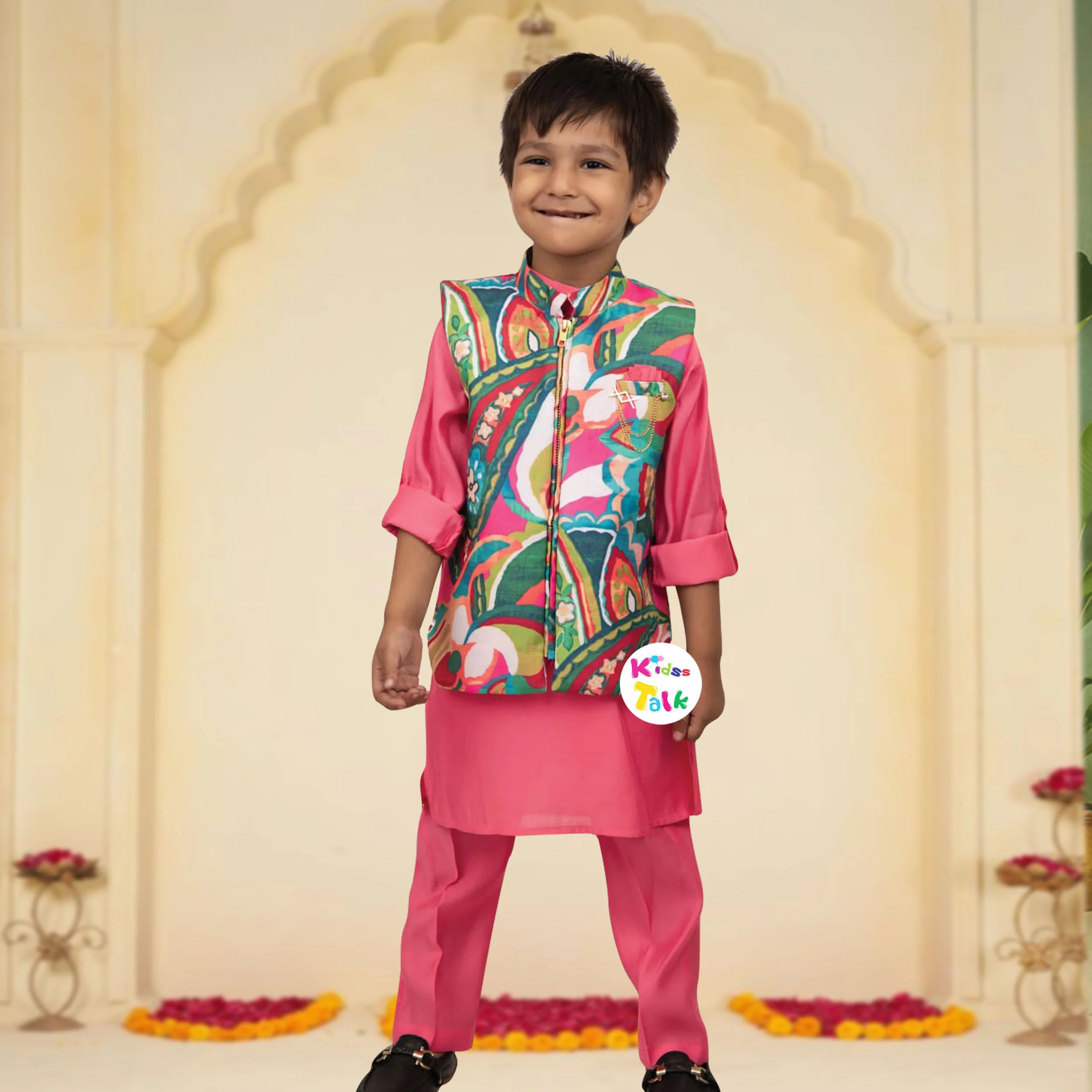 Cotton Full Sleeve Kurta With Printed Jacket & Pyjama - Flamingo Pink