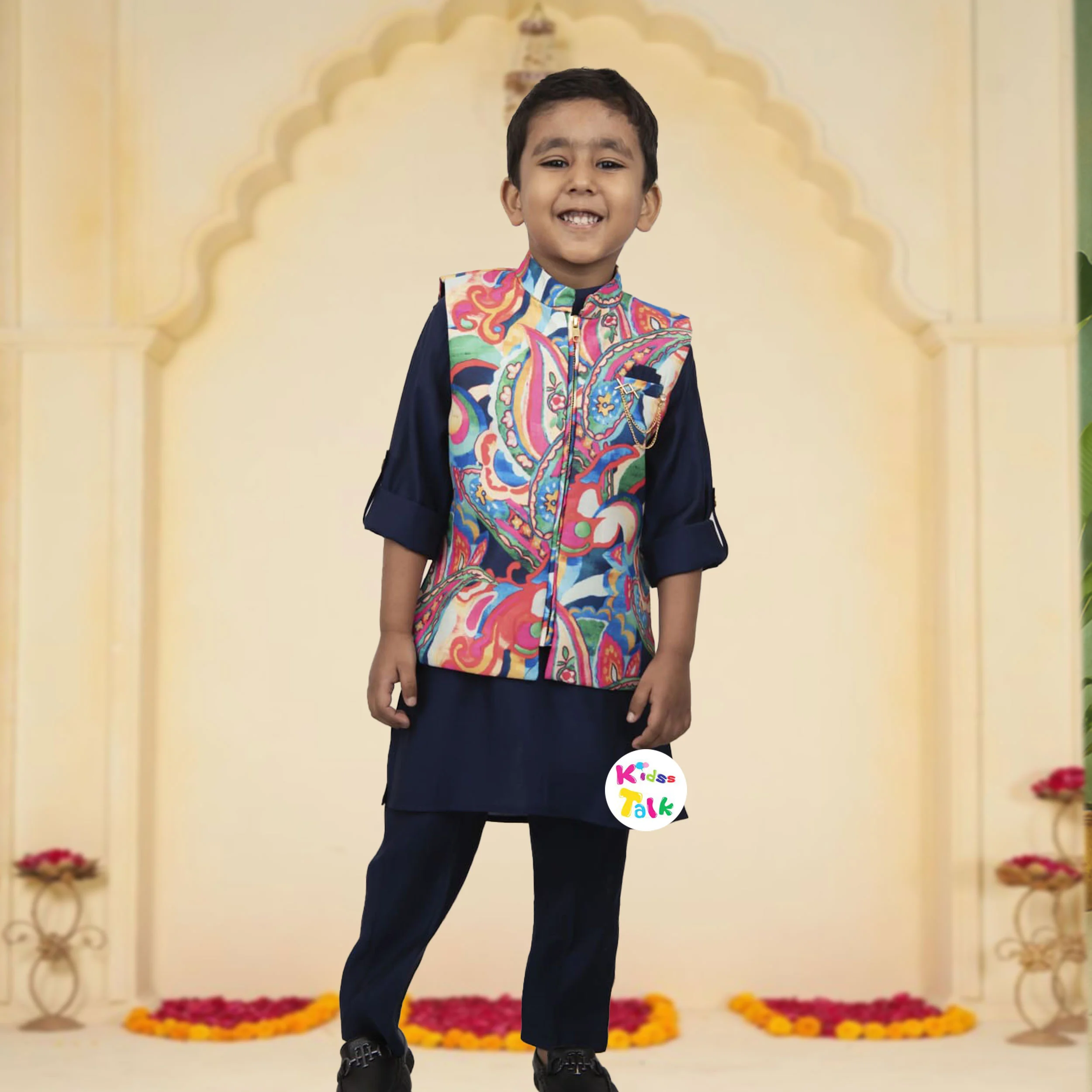 Cotton Full Sleeve Kurta With Printed Jacket & Pyjama - Navy Blue