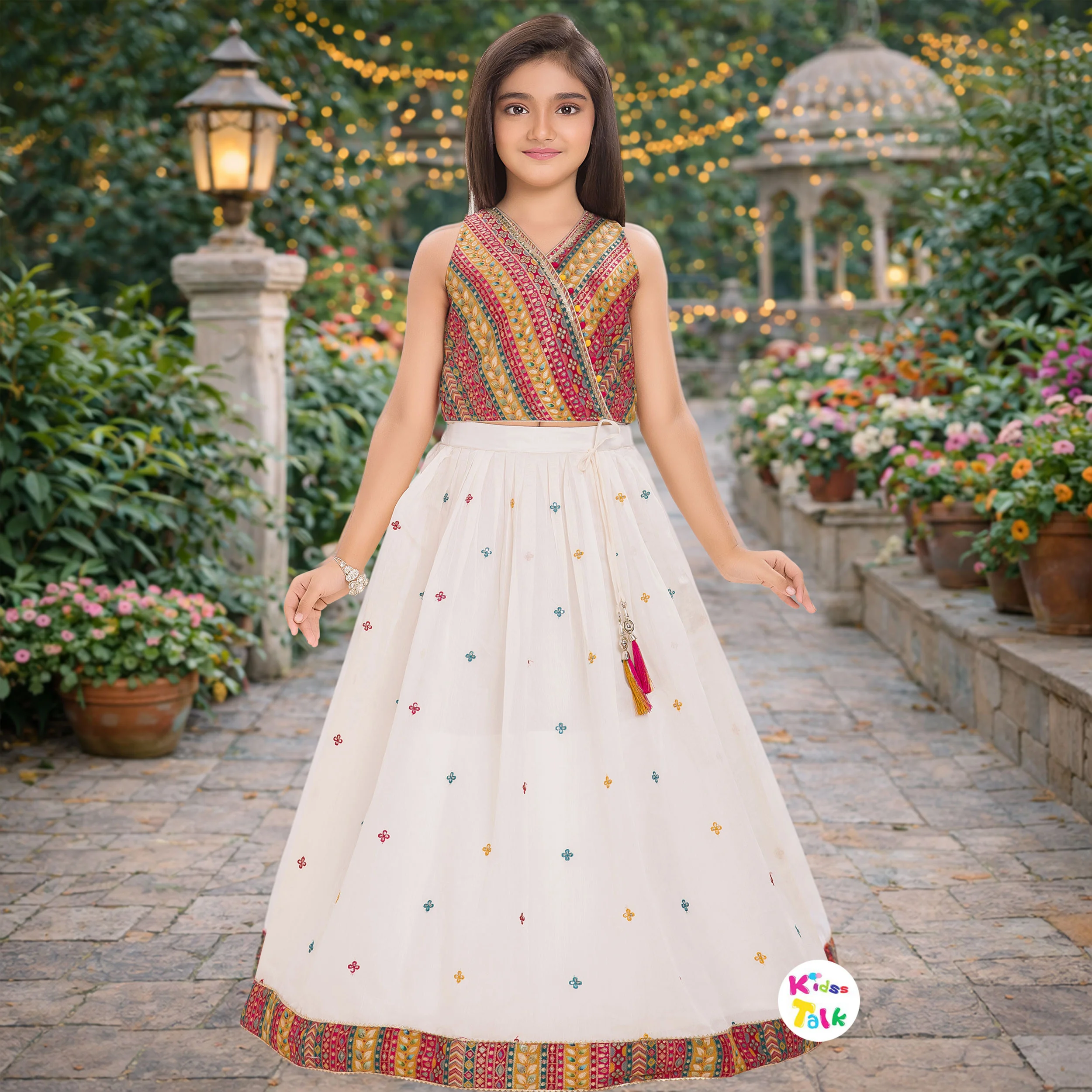 Cotton Silk Sleeveless Embroidered Work Choli With Lehenga & Dupatta - Multicolour