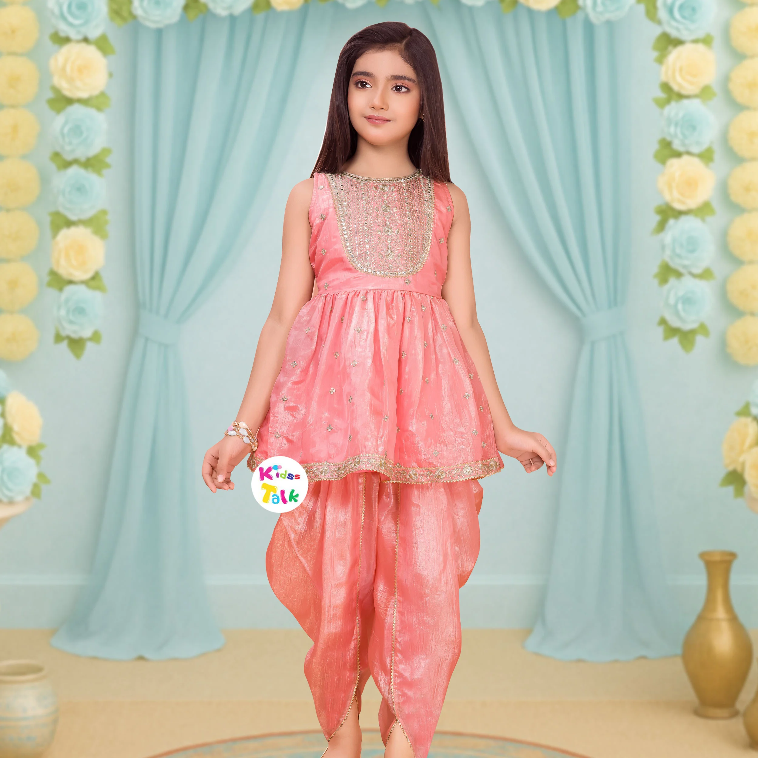 Silk Sleeveless Zardhosi Kurta With Dhoti- Peach
