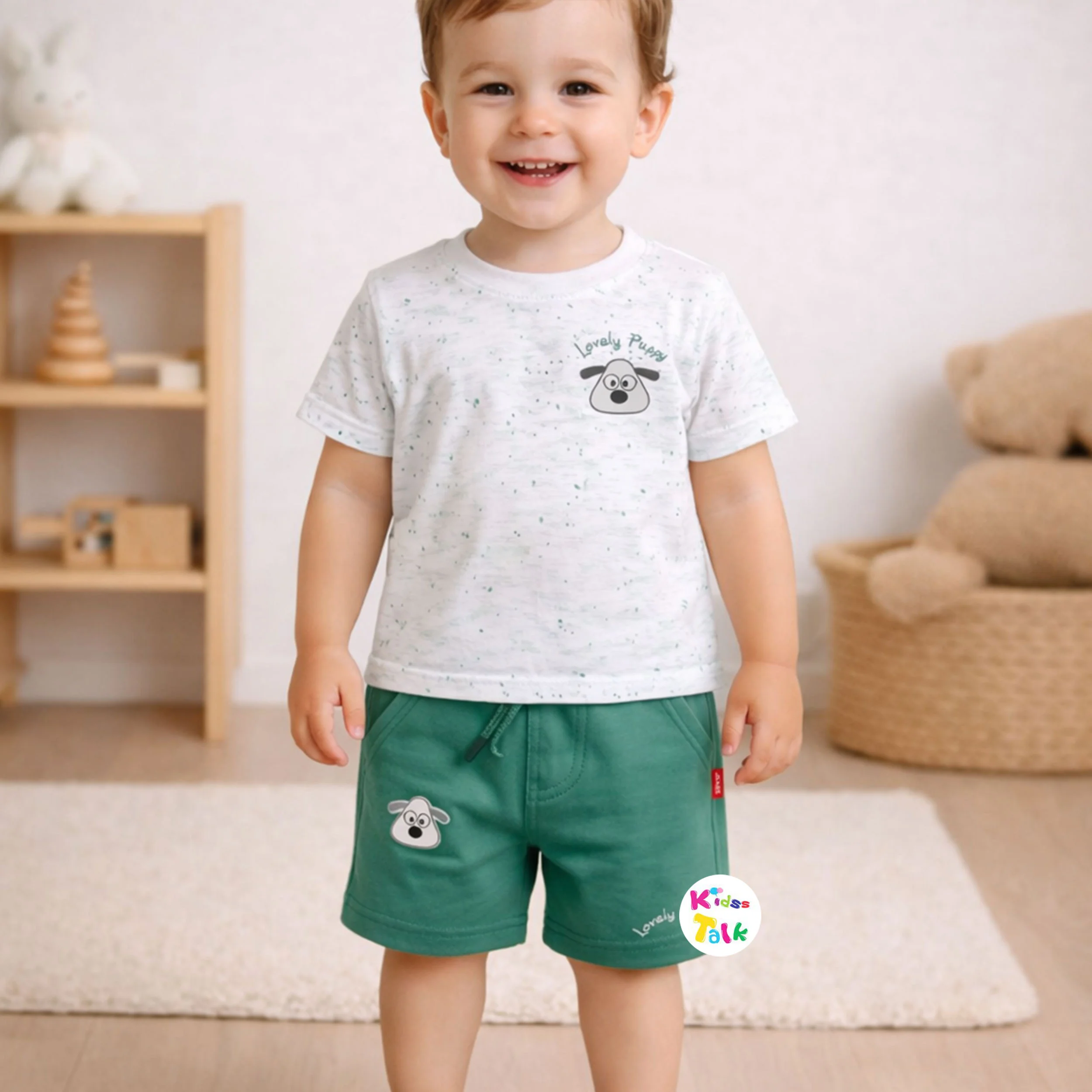 Cotton Half Sleeve T-shirt Set With Cute Print - Olive Green