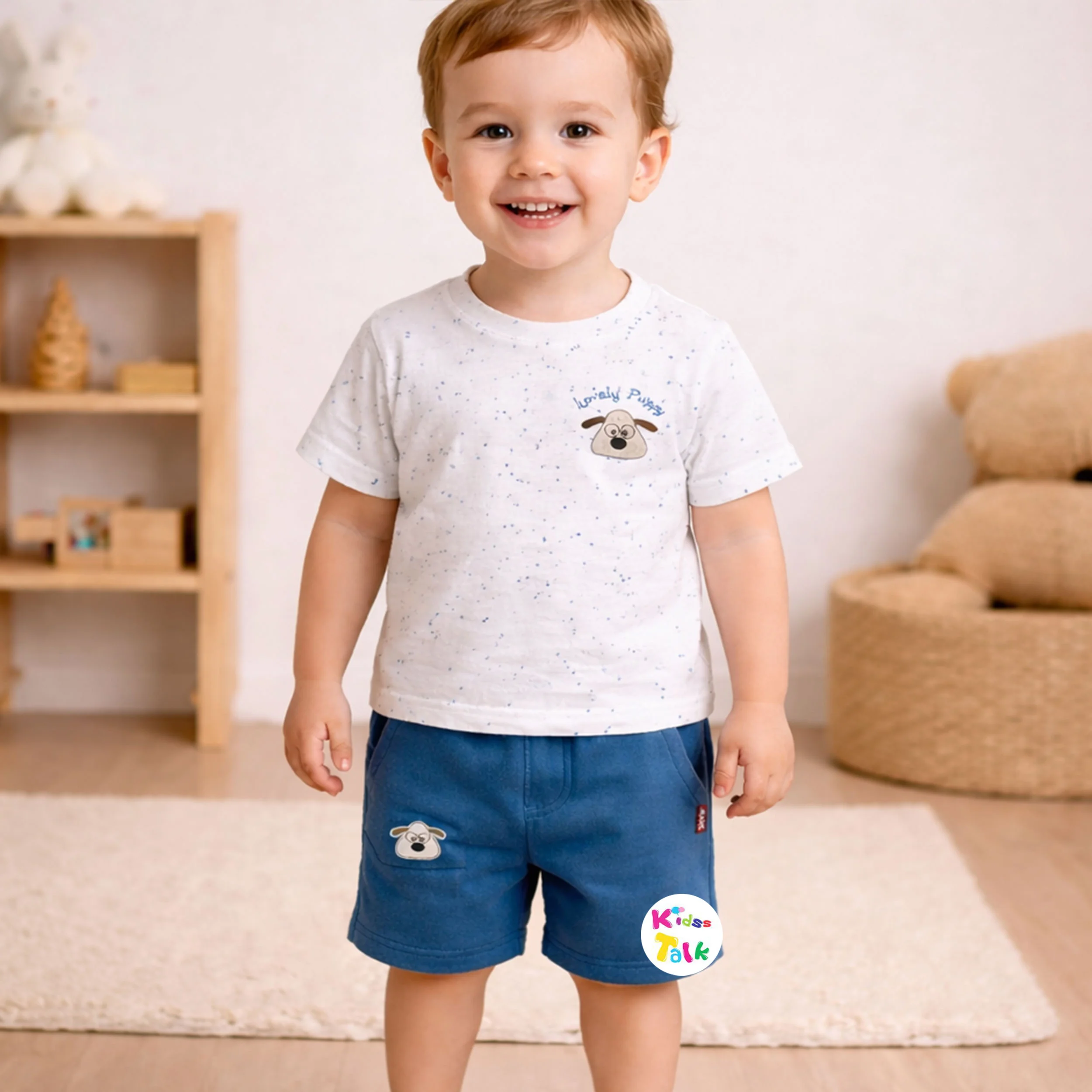 Cotton Half Sleeve T-shirt Set With Cute Print - Teal Blue