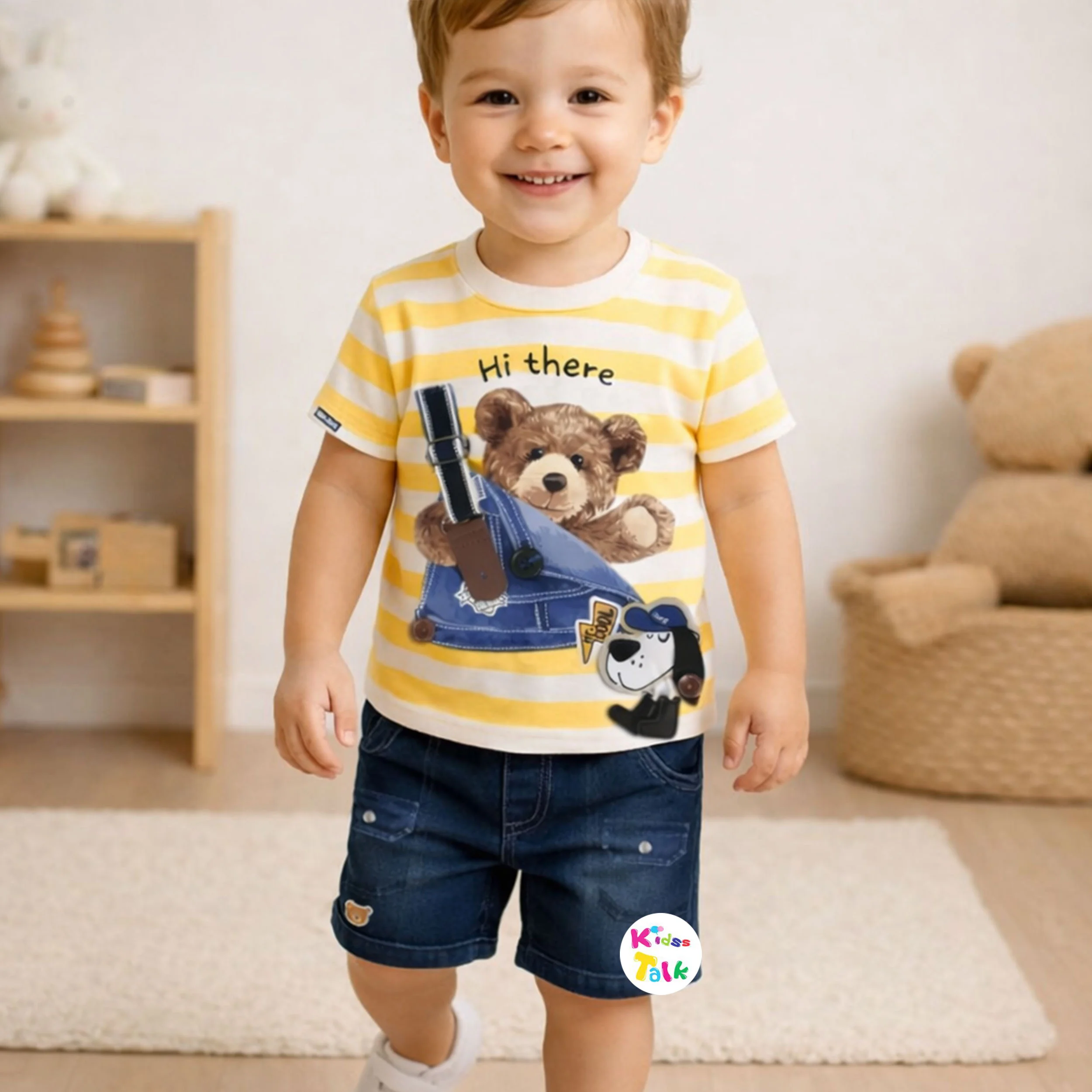 Cotton Half Sleeve T-shirt Set With Cute Print - Lemon Yellow