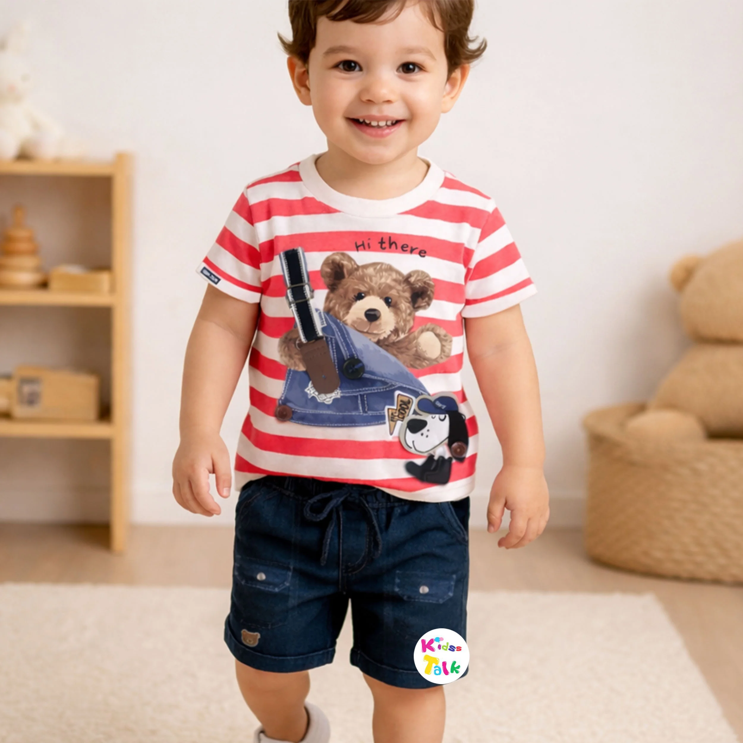 Cotton Half Sleeve T-shirt Set With Cute Print - Red