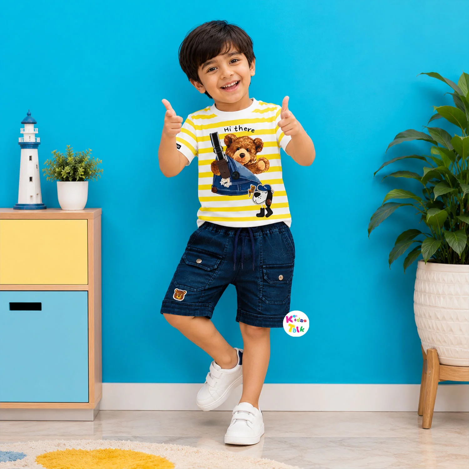 Cotton Half Sleeve T-shirt Set With Cute Print - Lemon Yellow