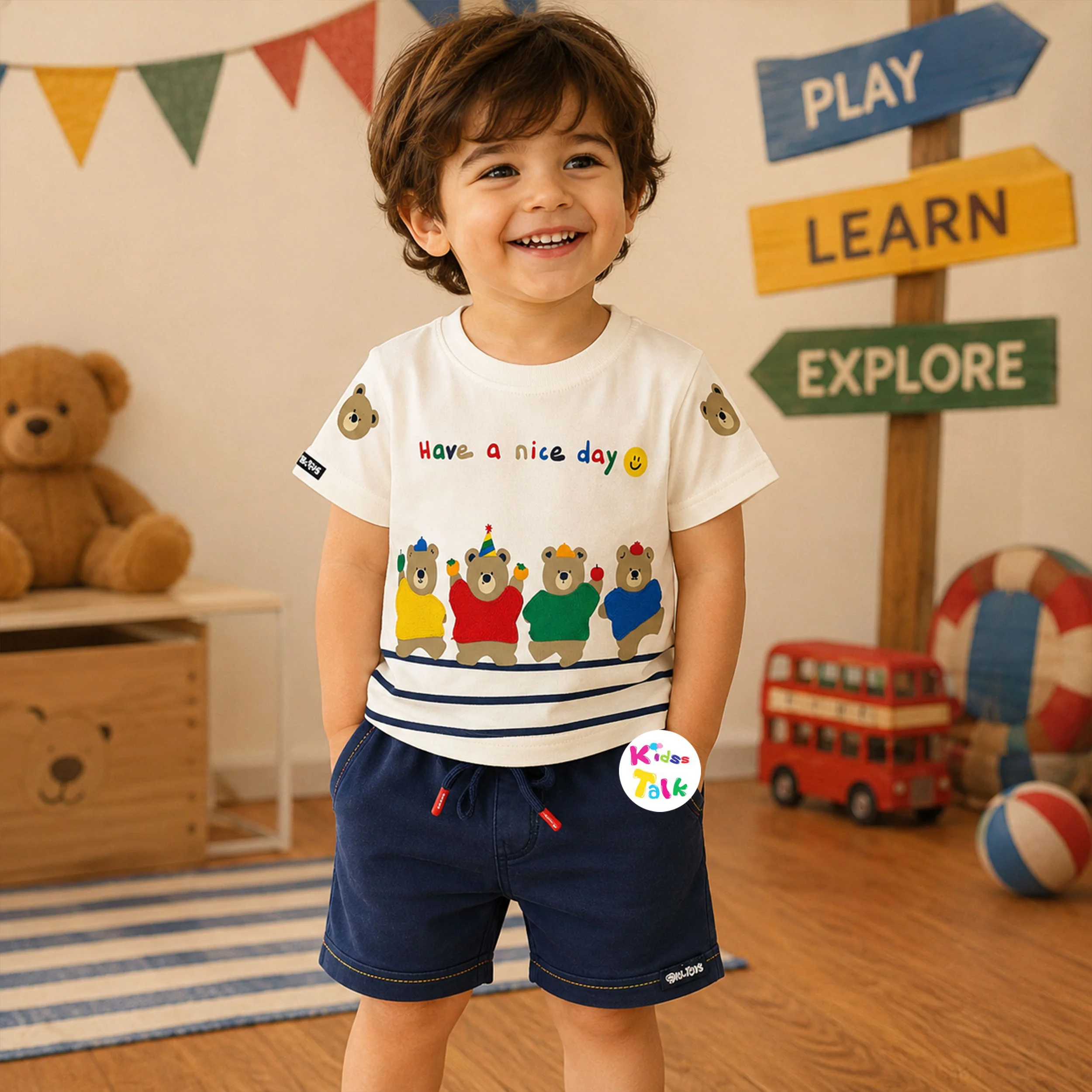 Cute Half Sleeve Printed T-shirt & Half Pant - Cream