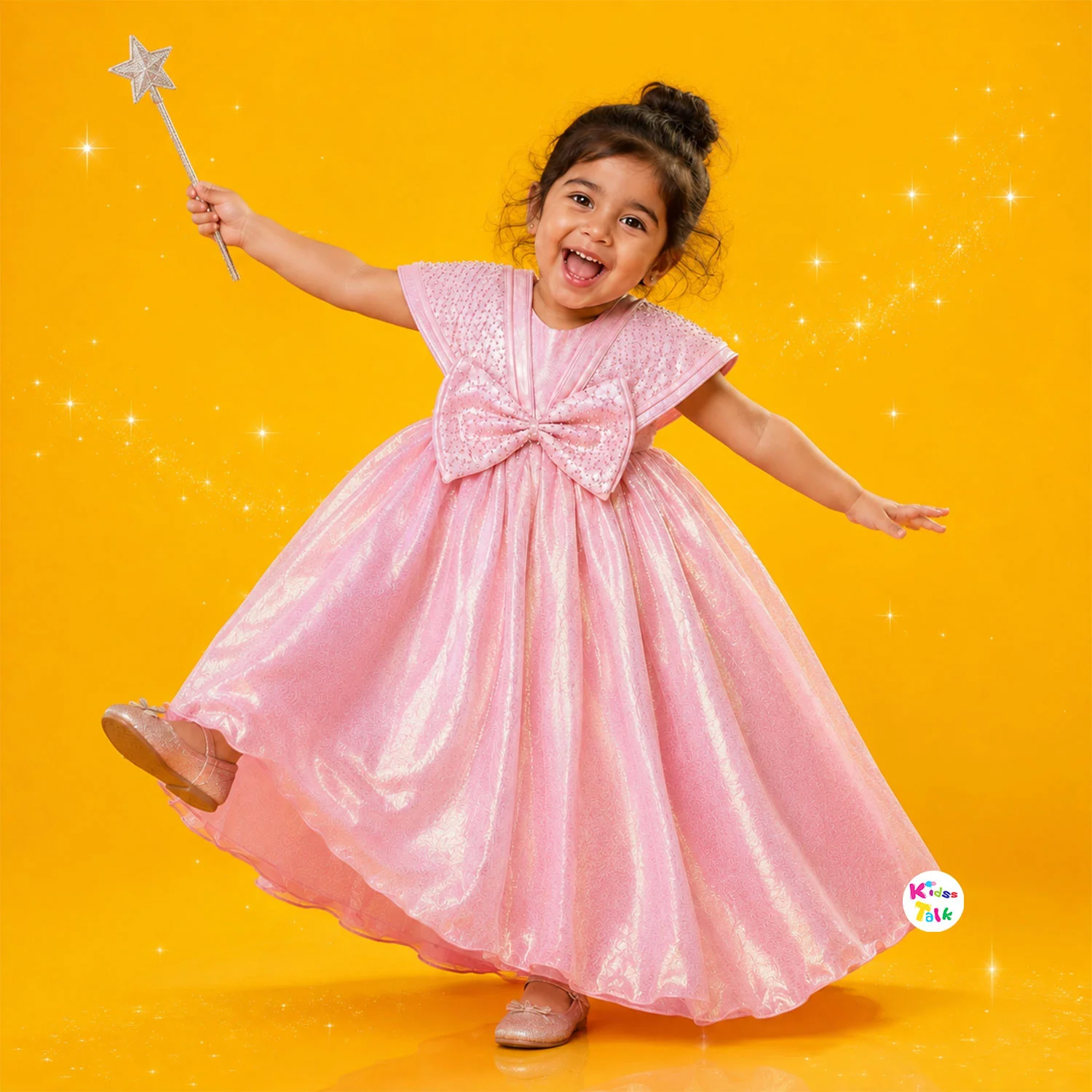 Shimmer Sleeveless Party Gown With Bow Applique - Baby Pink