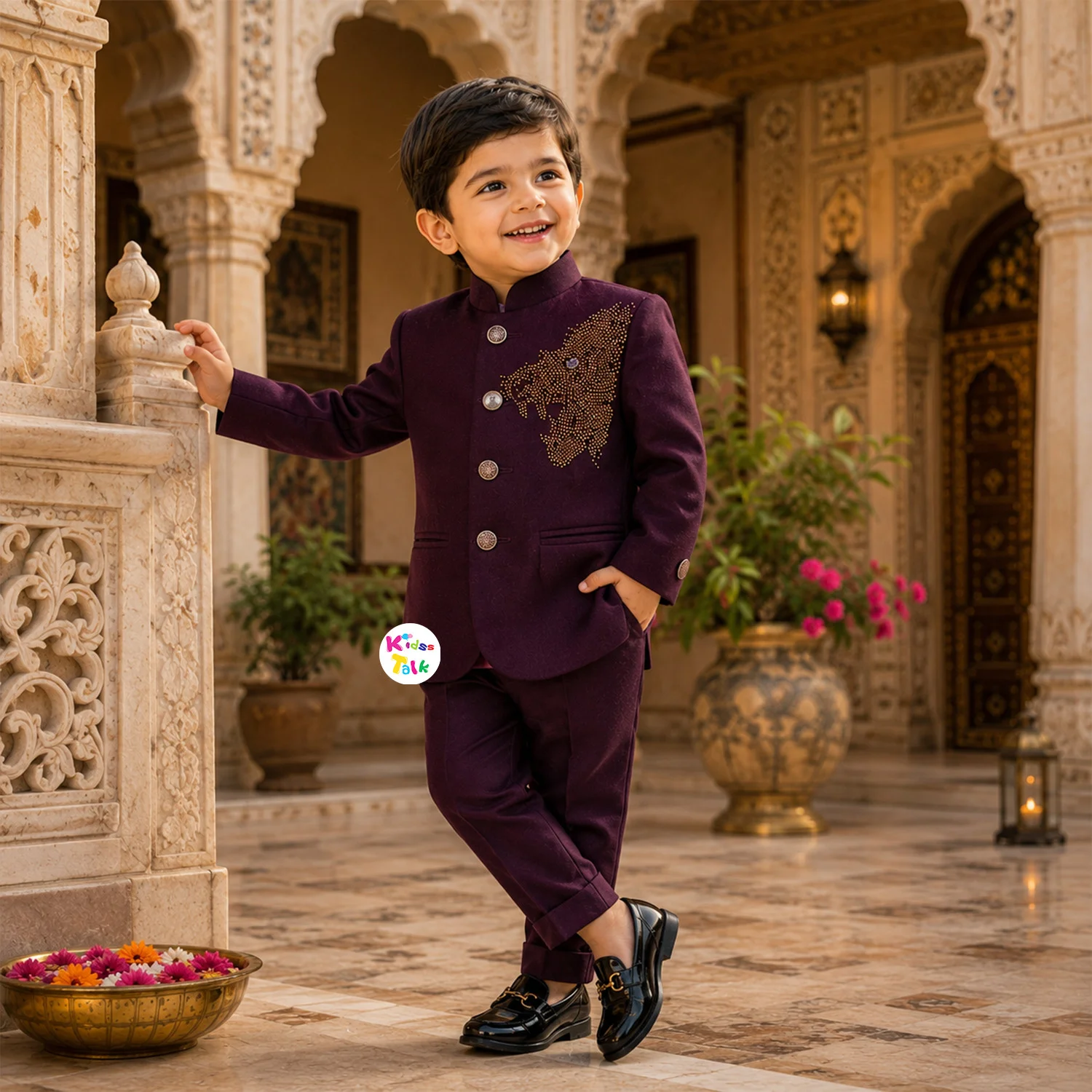 Poly Blend Full Sleeve Sherwani With Broach Work - Wine