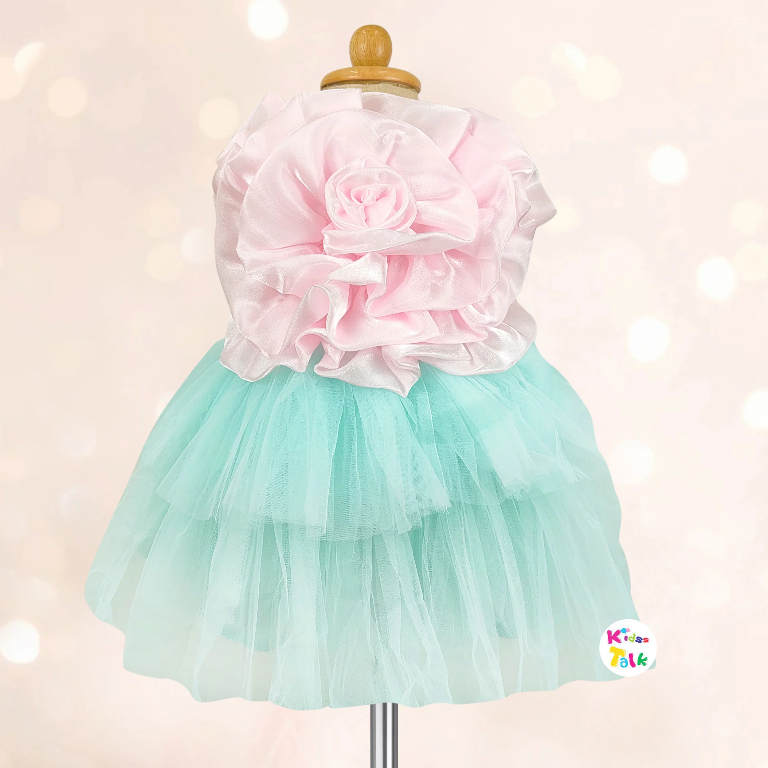 Net Sleeveless Party Frock With Flower - Baby Pink