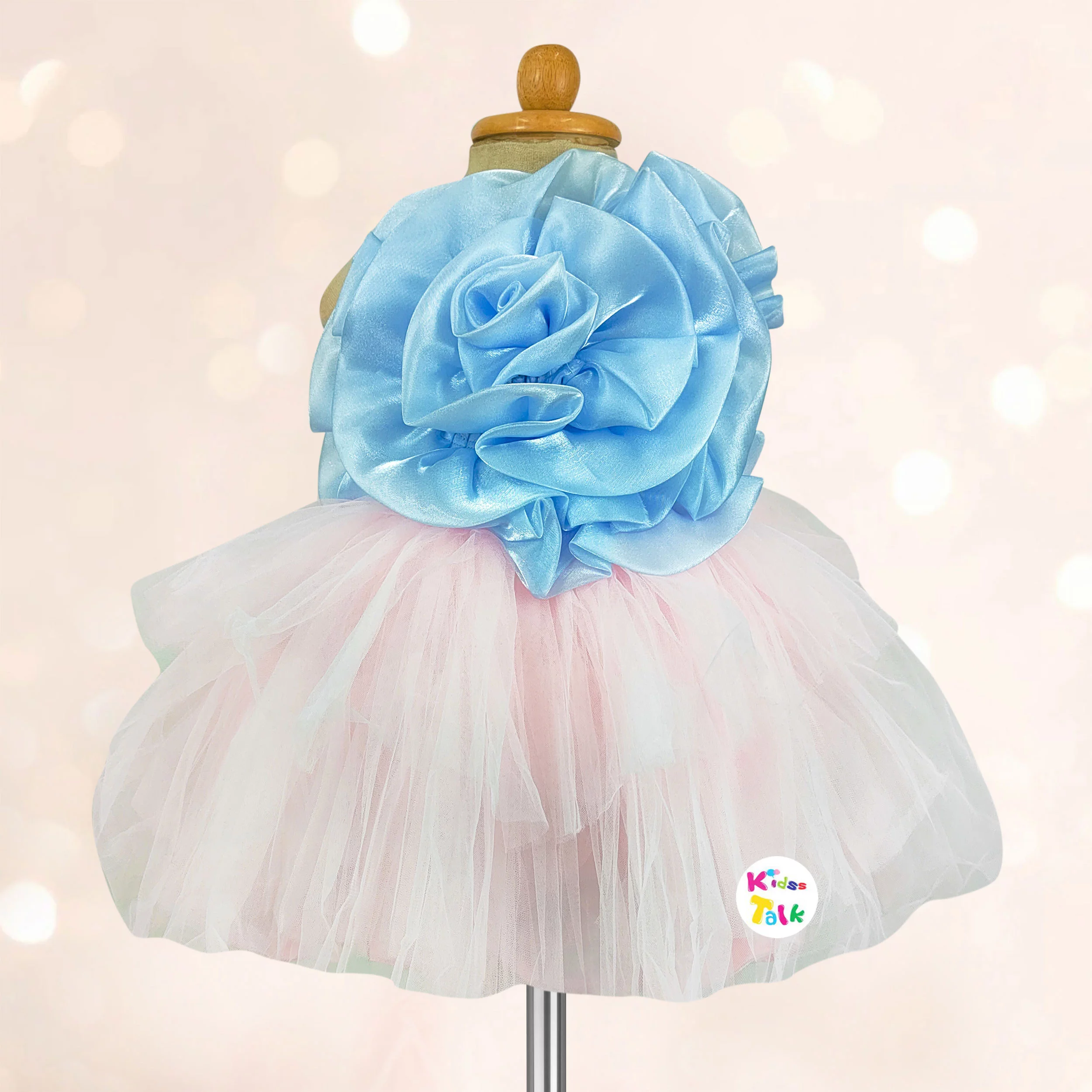 Net Sleeveless Party Frock With Flower - Blue