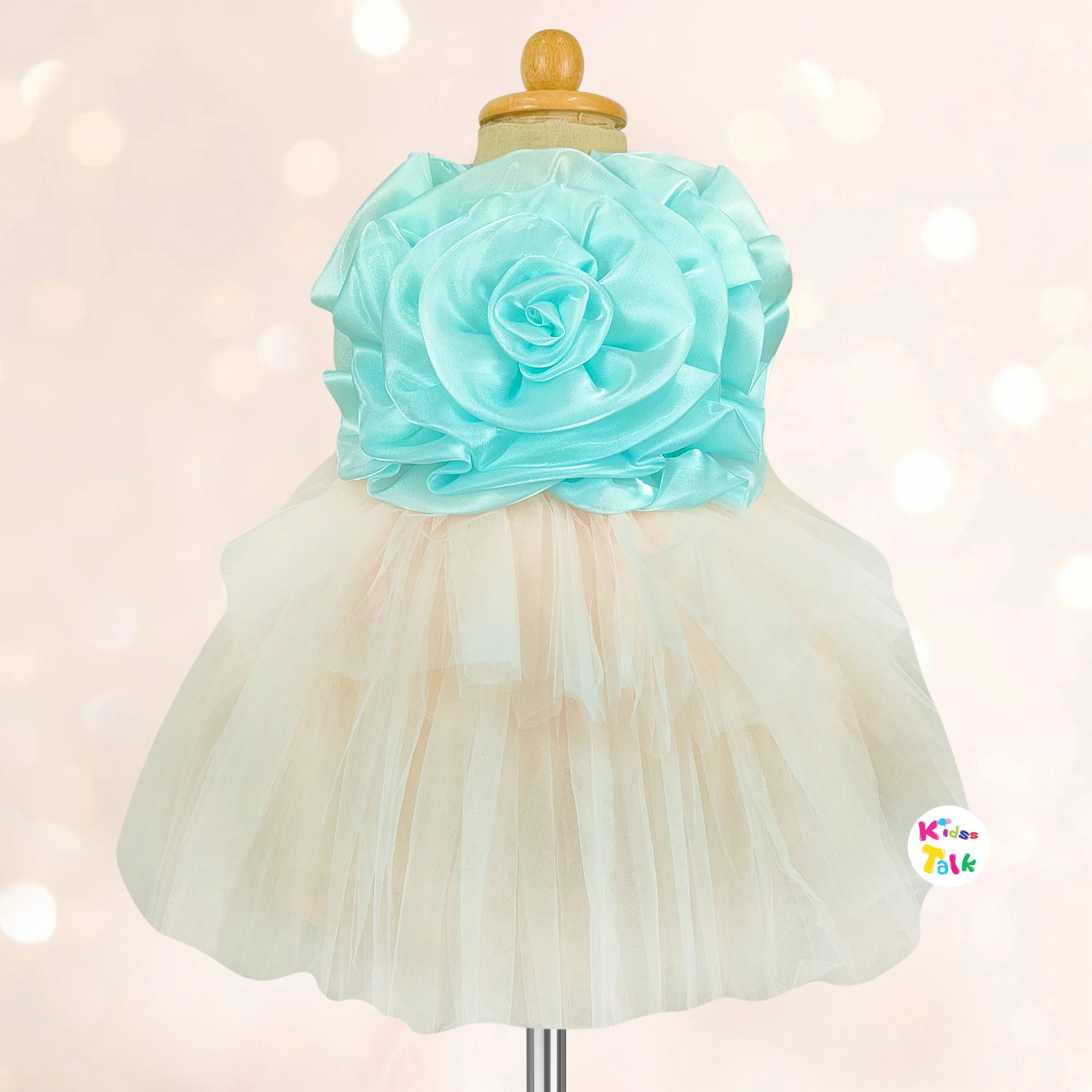 Net Sleeveless Party Frock With Flower - Mint Green