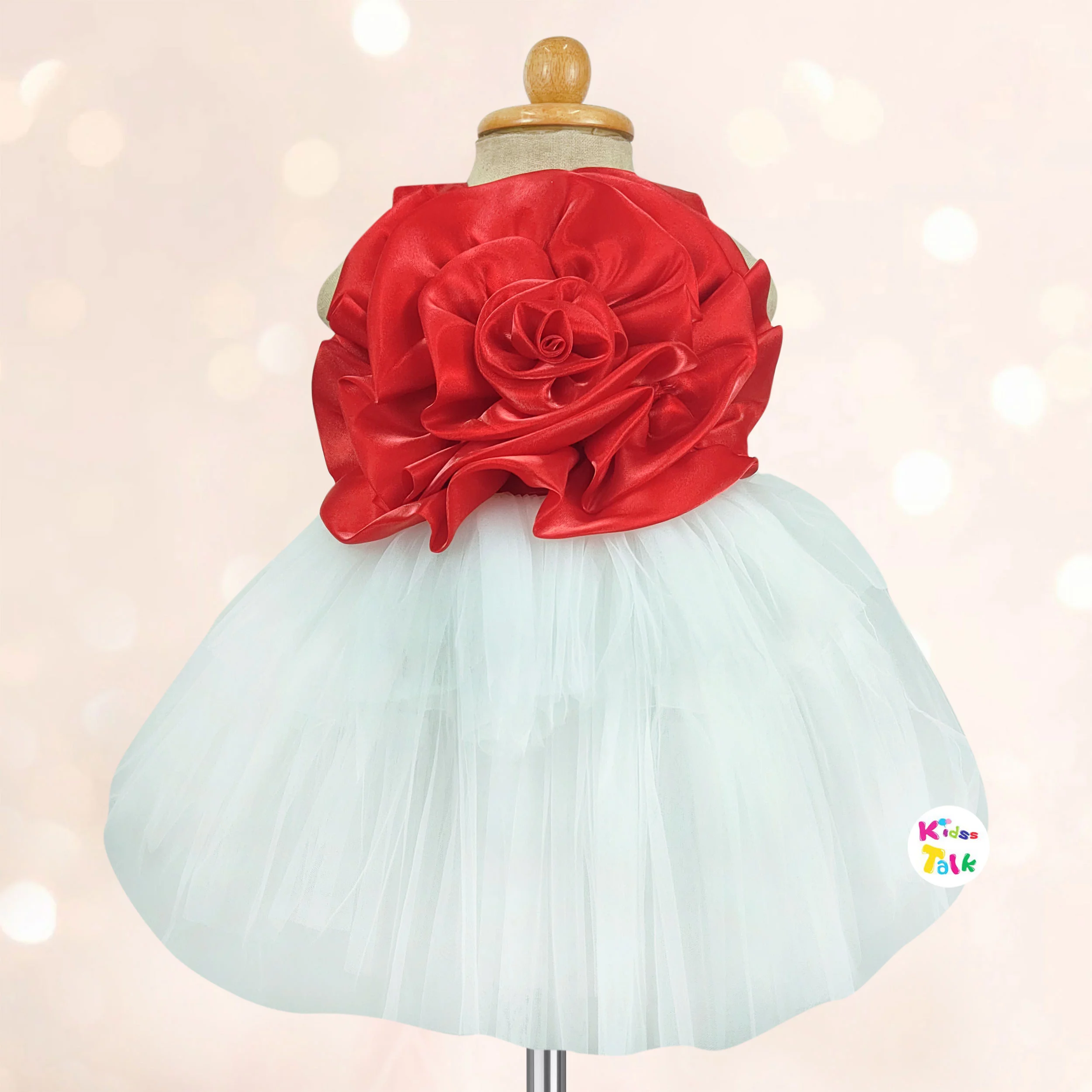 Net Sleeveless Party Frock With Flower - Red