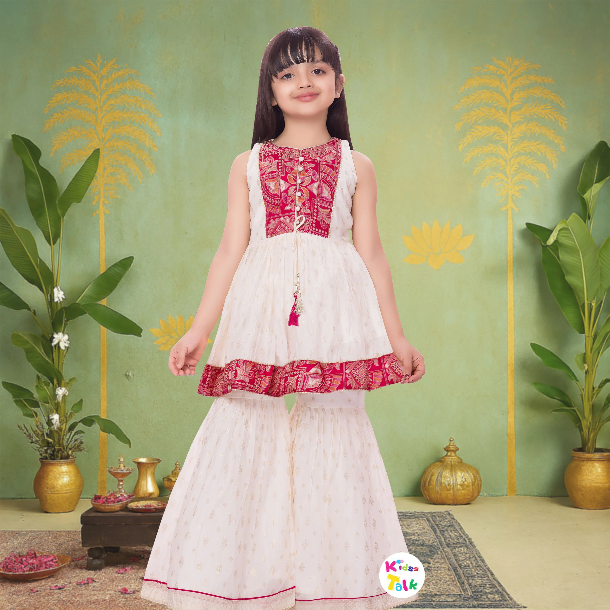 Cotton Sleeveless Kurta With Zardhosi & Sharara - Cream