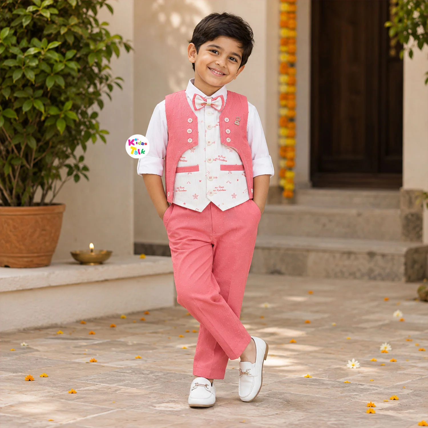 Muslin Full Sleeve Bow Shirt With Cute Jacket & Full Pant - Onion Pink