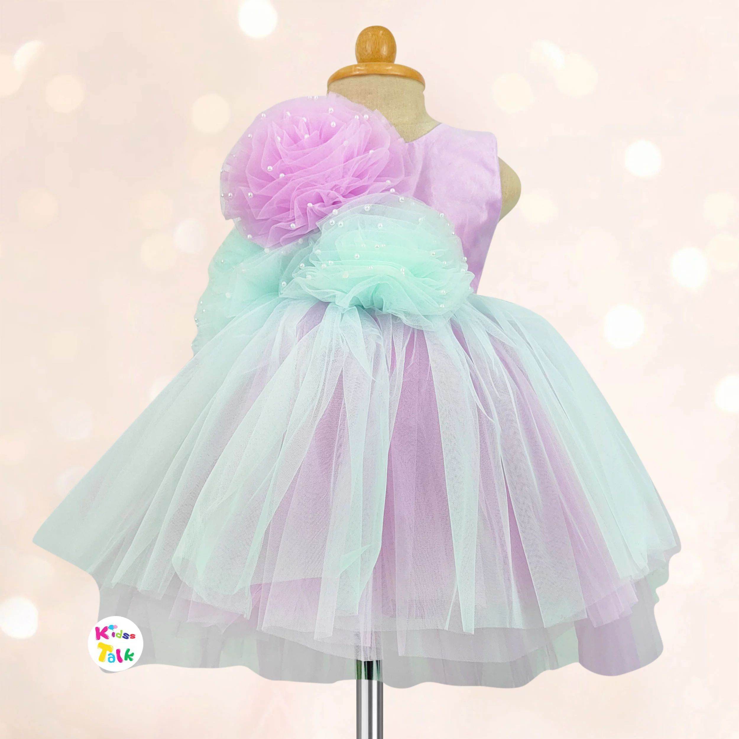 Net Sleeveless Party High And Low Frock With Flower - Lavender