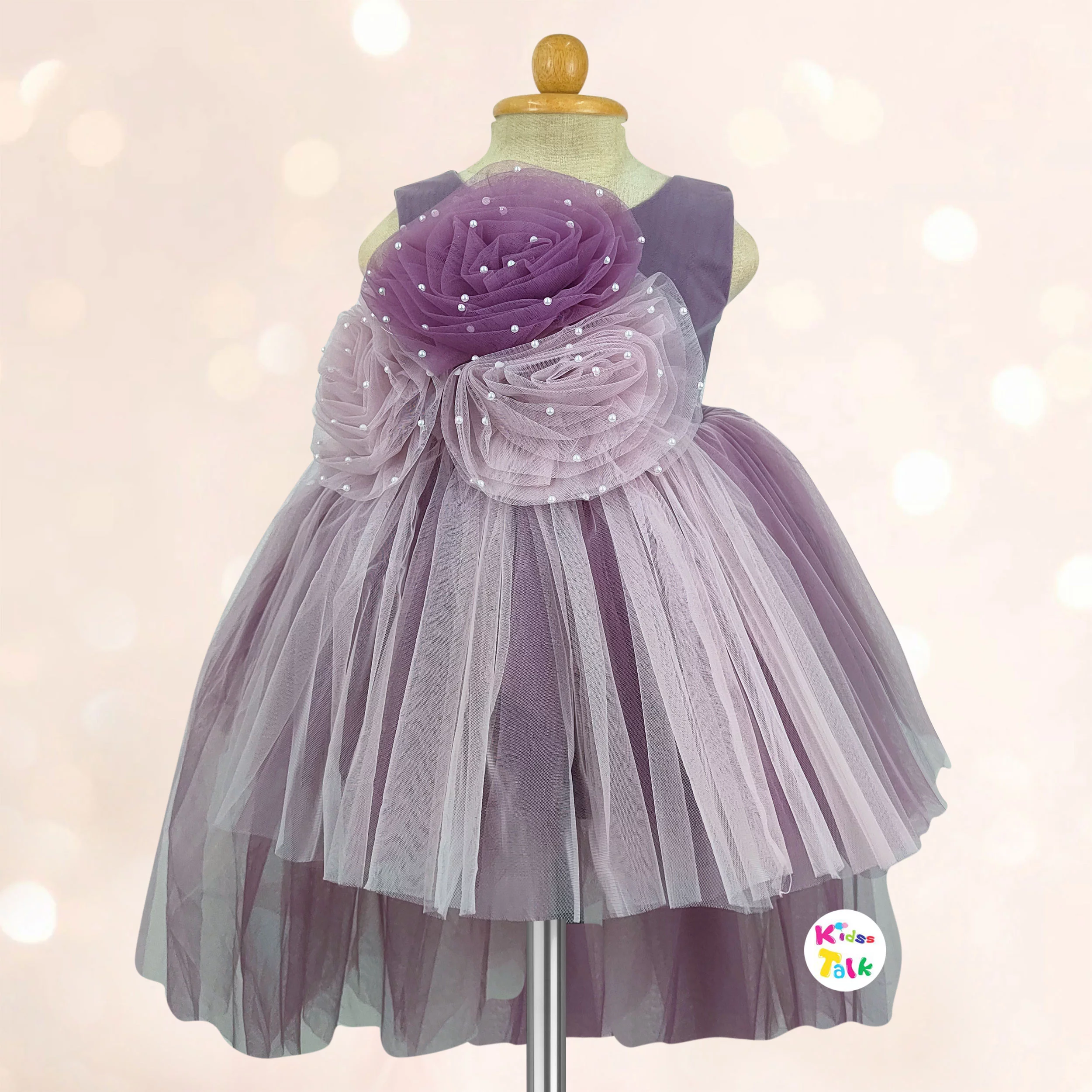 Net Sleeveless Party High And Low Frock With Flower - Wine