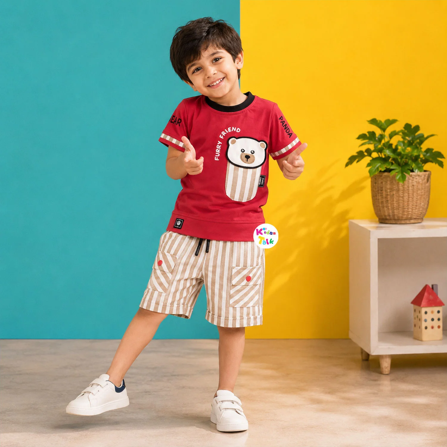 Soft Cotton Half Sleeve T-shirt Set With Cute Patch Work - Red