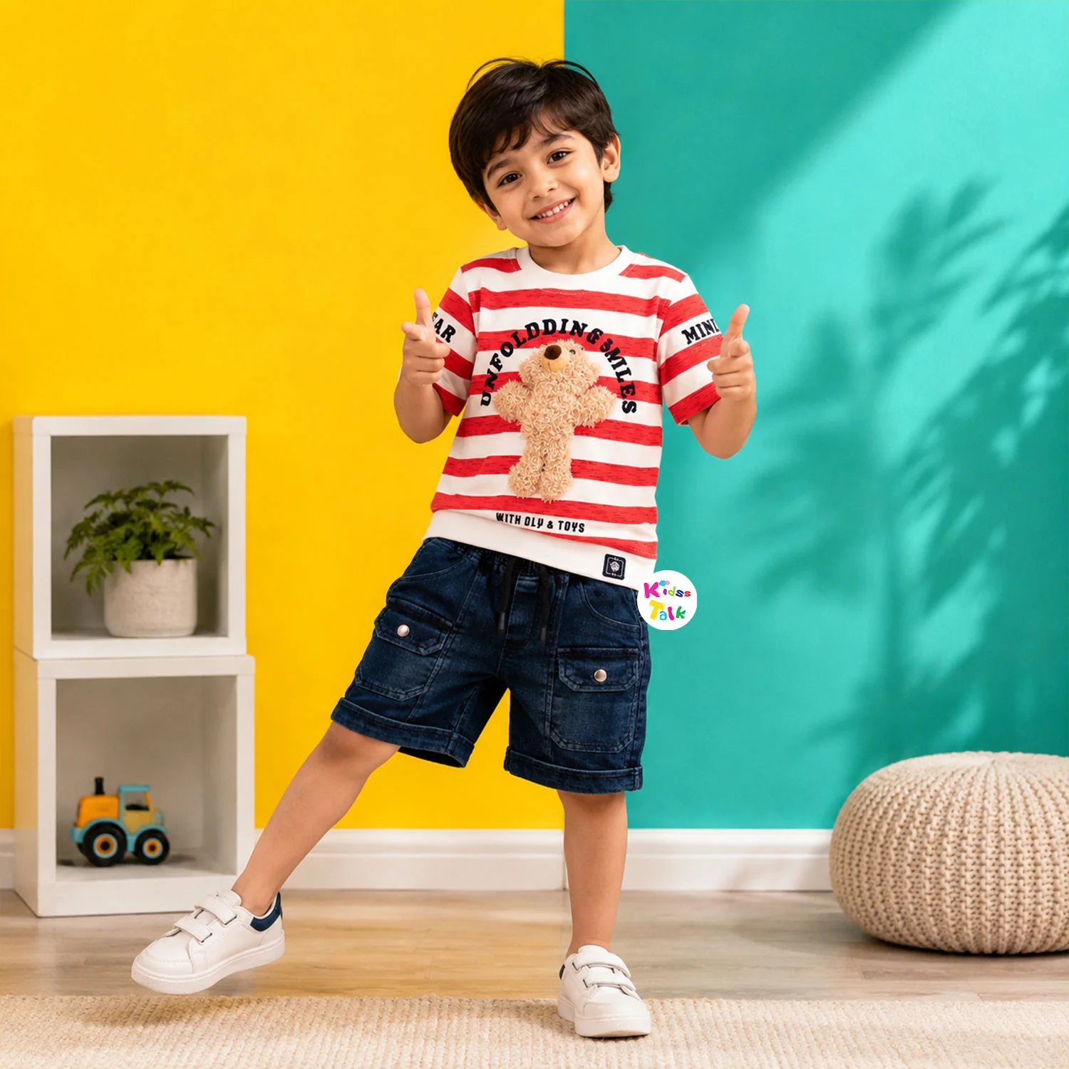 Cotton Half Sleeve T-shirt Set With Cute Patch Work - Red